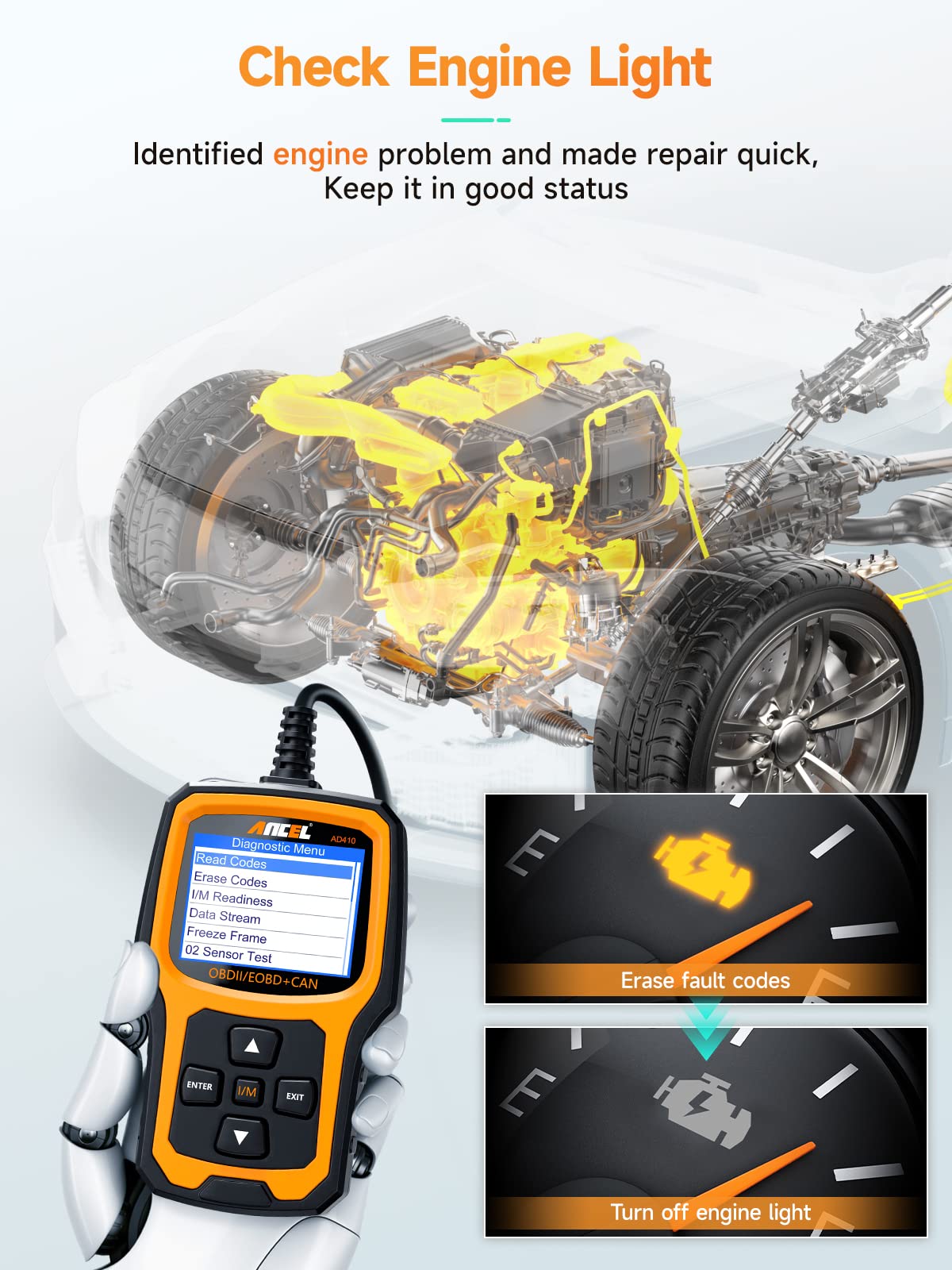 ANCEL AD410 Enhanced OBD2 Scanner, Vehicle Code Reader for Check Engine Light, Automotive OBD II Scanner Fault Diagnosis, OBDII Scan Tool for All OBDII Cars 1996+, Black/Yellow ANCEL