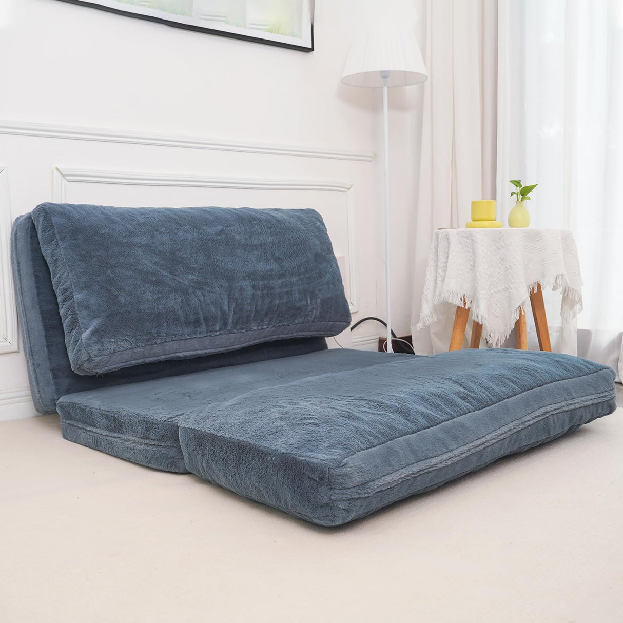 N&V Folding Matress Sofa Bean Bag Bed, Foam Filling Folding Matress Sofa, Includes Removable and Machine Washable Cover, Soft Premium Faux Fur (Medium, Blue) N&V