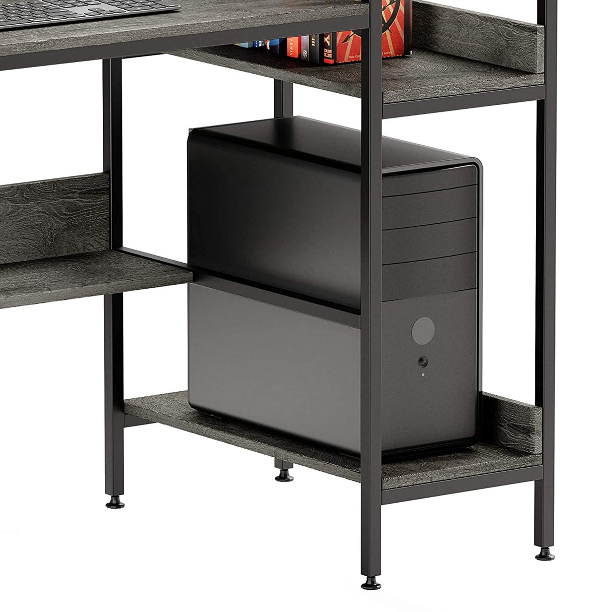 Bestier Computer Office Desk with Steel Frame, Reversible Book Shelves, Headphone Hook, Adjustable Feet, & Under Desk Storage, Grey Bestier
