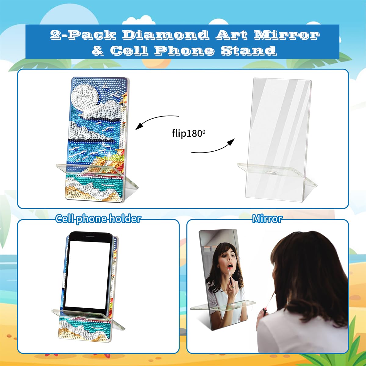 NIHO-JIUMA Diamond Art Phone Stand Kits Seascape, DIY Diamond Painting Phone Holder & Mirror, Gift for Adults/Women/Teen NIHO-JIUMA
