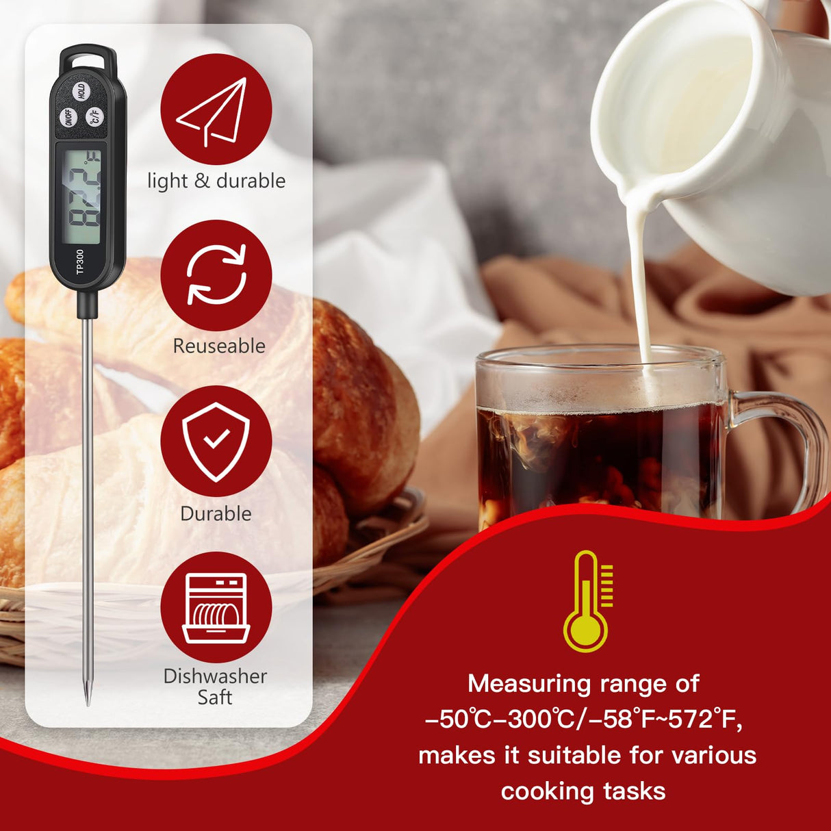 Copkim Meat Food Thermometer Food with Probe Water Liquid Instant Read Digital Thermometer Kitchen Cooking Supplies for Cooking BBQ Milk Yogurt(Black, White, Red) Copkim