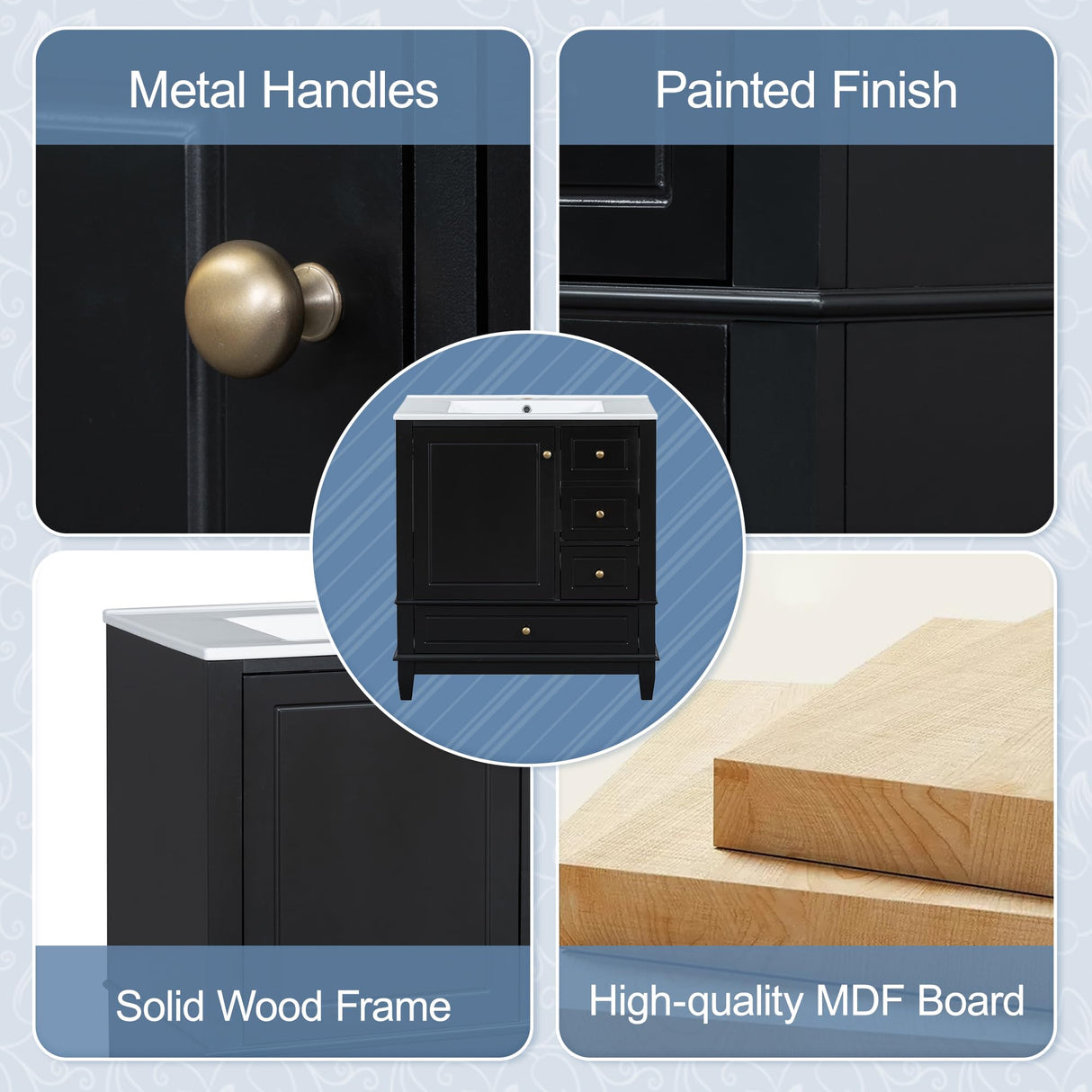 30" Bathroom Vanities with Ceramic Sink, Storage Cabinet with 3 Drawers and Door Shelf, Soft-Closing Door, Solid Wood Legs, Black Merax