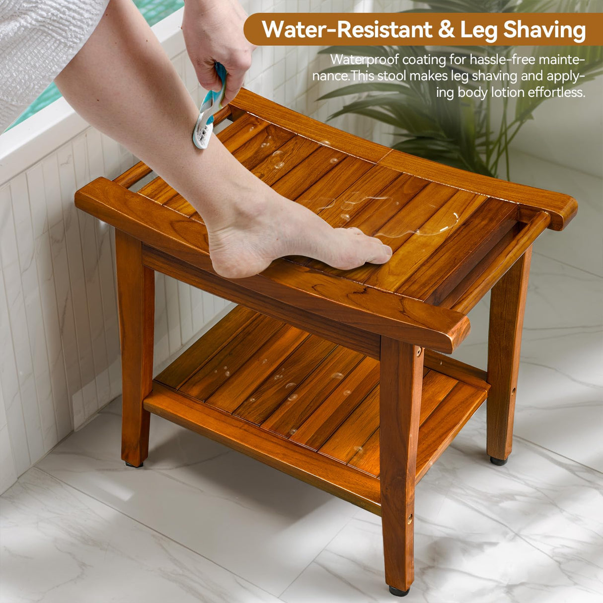 TEAKMAMA Teak Shower Bench with Handles 20" Waterproof Bathing Teak Wood Bench Shower Stool with Storage Towel Shelf Bath Stool for Indoor Use Easy Assembly TEAKMAMA
