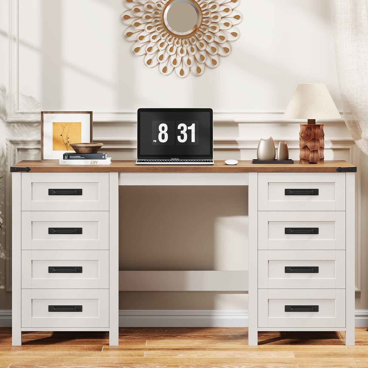 Vabches Farmhouse 60.6” Executive Desk with 7 Drawers, Computer Desk with File Drawer for Hanging Files A4, Workstation for Home Office, Study. Vabches