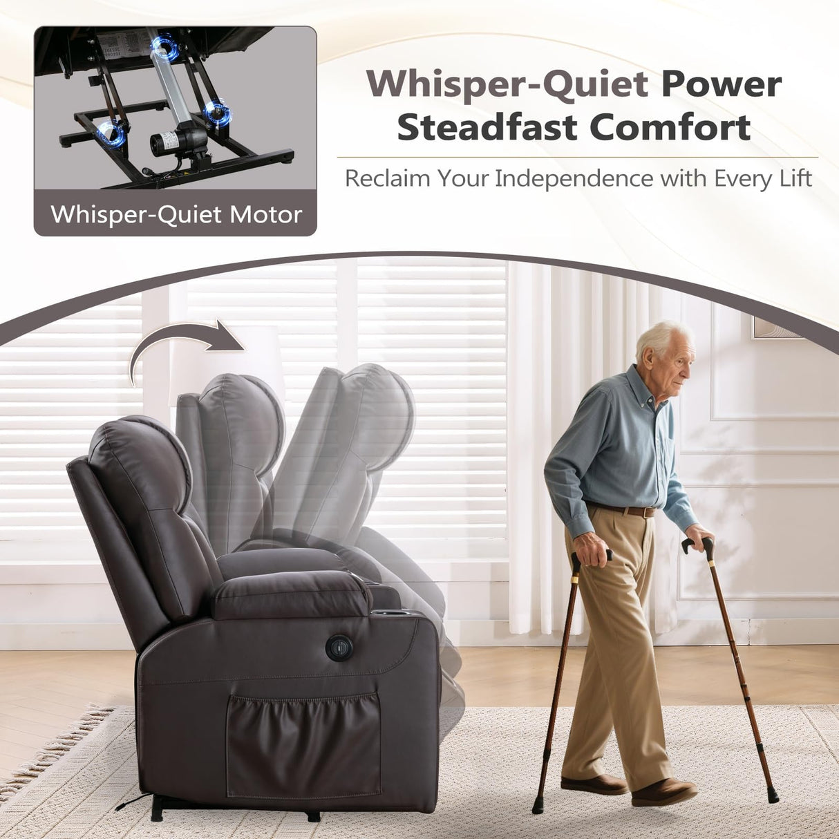 ANJ Brown Power Lift Recliner Chair for Elderly with Heat & Massage, Faux Leather Electric Recliner Sofa with Cup Holders, USB Port & Side Pockets, Heavy Duty Reclining Chair for Seniors ANJ