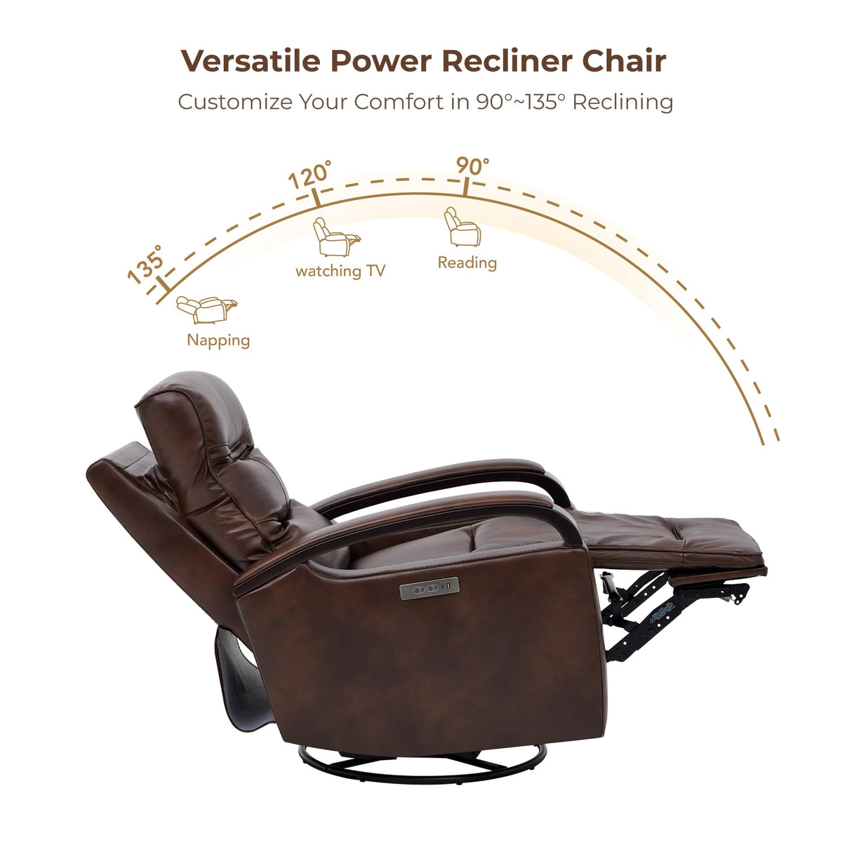 CHITA Genuine Leather Power Swivel Glider Rocker Recliner, FSC Certified Mid Century Modern Recliner Chair for Adults, Adjustable Power Headrest, for Nursery and Living Room, Cognac Brown CHITA