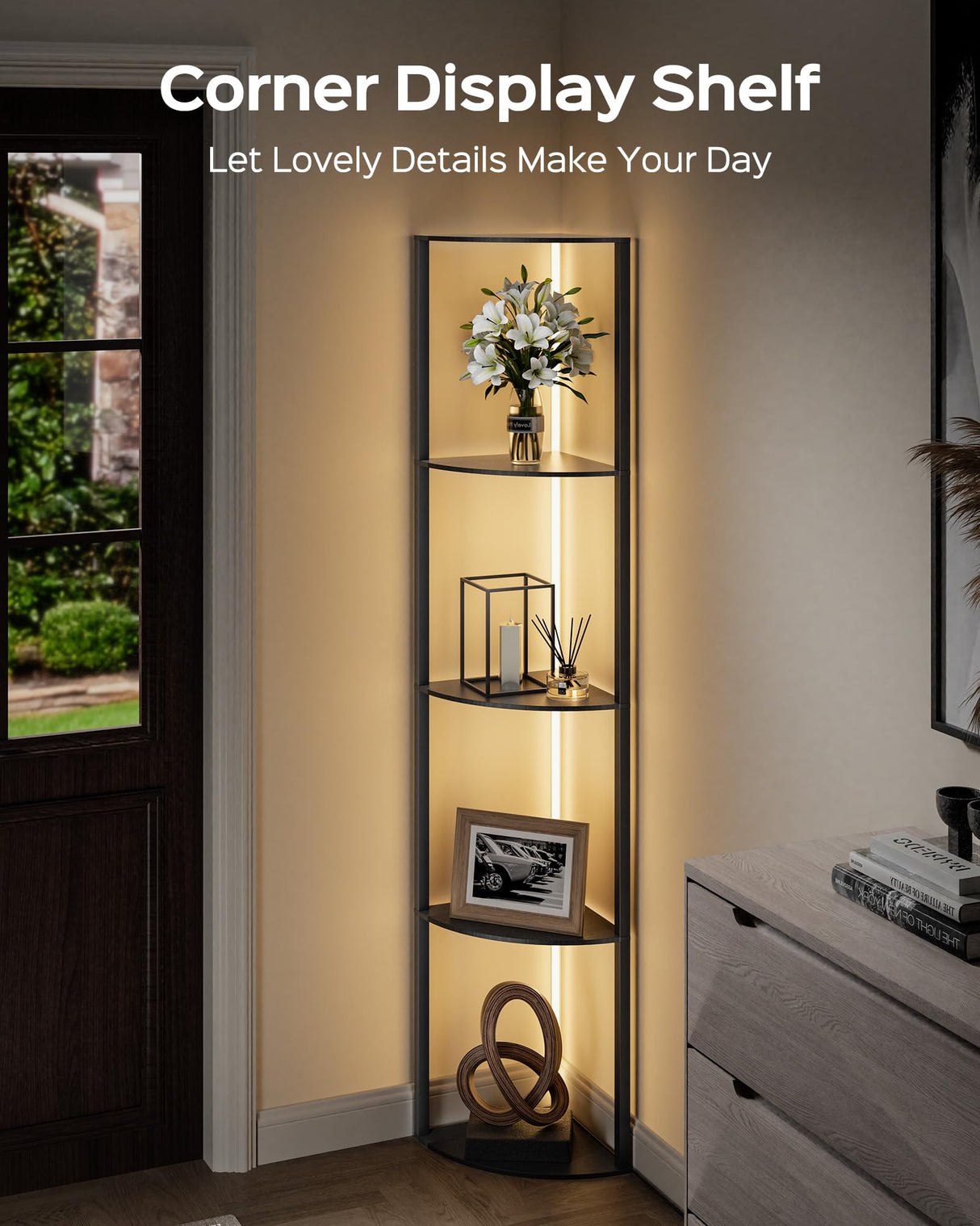 JACKYLED 5-Tier Corner Display Shelves, RGB Led Floor Lamp Corner Storage for Books Perfume Shelf with Light, Remote and App Control Music Sync Scheduled On/Off Tall Curio Cabinet JACKYLED