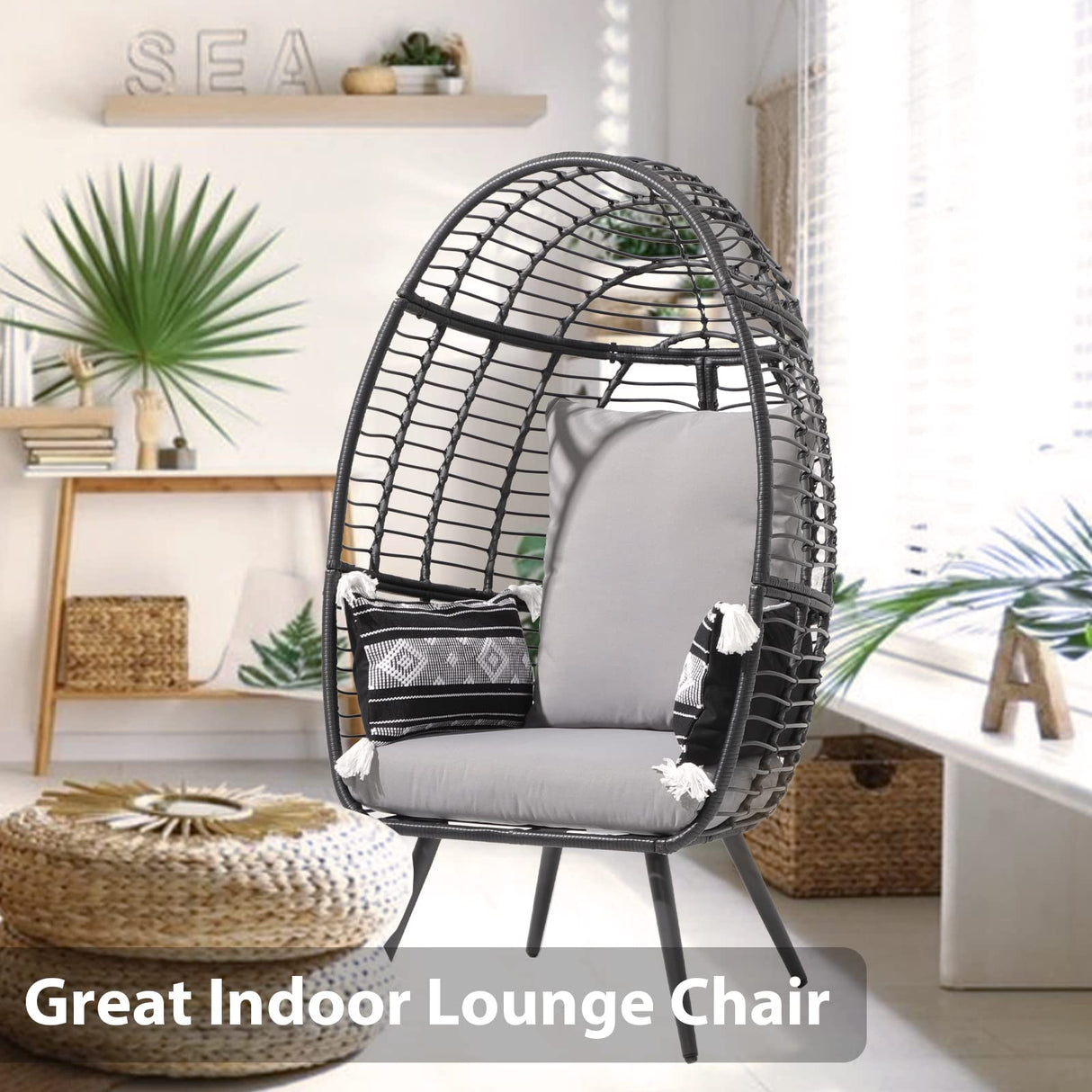 JOIVI Wicker Egg Chair, Oversized Indoor Outdoor Lounger Large Egg Basket Chair with Stand and Cushions for Patio Porch, Backyard, Living Room, Balcony (Black Rattan, Gray Cushion) JOIVI