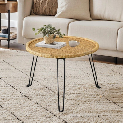 XQXJJZSP Boho Living Room Round Coffee Table 24 X 18 Inch, Handmade Decorative Coastal Wicker Side Tables, Foldable Rattan End Tables Bedroom Balcony Couch