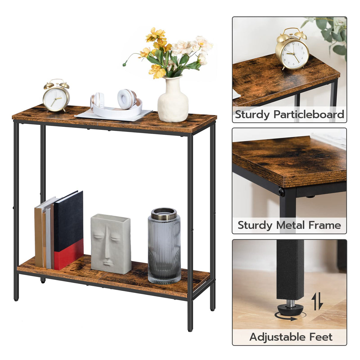 HOOBRO 29.5 Inches Narrow Console Table, Small Sofa Table, Entryway Table with Shelves, Side Table, Display Table, for Hallway, Bedroom, Foyer, Living Room, Rustic Brown and Black BF22XG01 HOOBRO