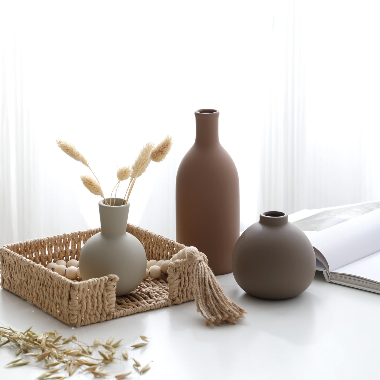 Ceramic Vase Set of 3, Vases Home Decor Rustic Vase Farmhouse Decor Vase Terra Cotta Pottery Vases for Bouquet Pampas Grass Dried Fresh Flowers, Living Room, Kitchen, Bedroom, Entryway Decor- Brown ooit