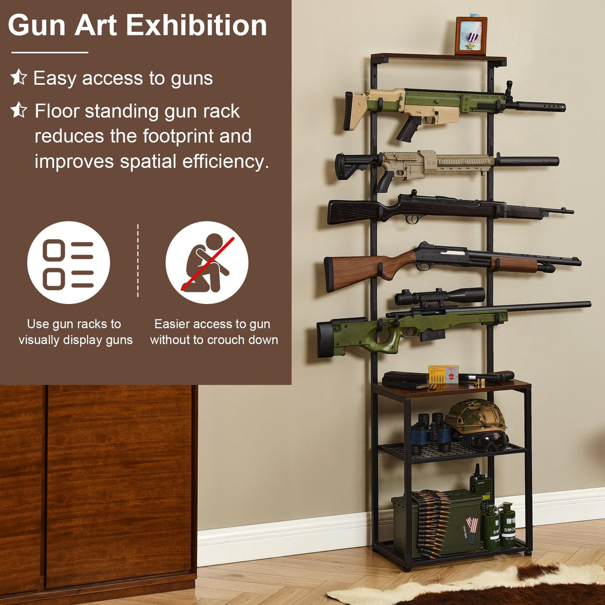Poyilooo Gun Rack, Floor Rifle Rack Holds up 5 Guns, Indoor Gun Rack for Wall Gun Display Stand Gun Gun Storage Organizer Rifle Holder Hunting Gun Shelf (Large-19.7 L*12.6 W*71 H in) Poyilooo