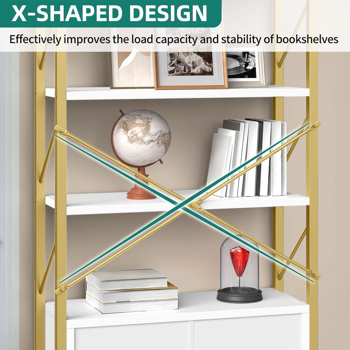 YITAHOME Bookshelf with Storage Cabinet, Modern Bookcase Standing 5 Tiers Book Shelves Display Rack with Doors for Bedroom Living Room Office, White Gold YITAHOME