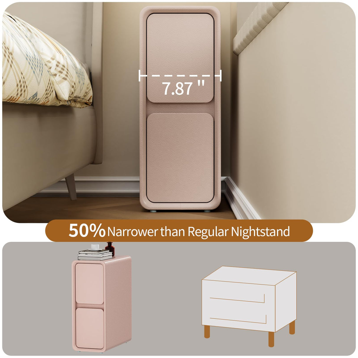 VICITON Modern Narrow Faux Leather Nightstand, Solid Wood Drawer, Storage Accent Table, Small Side End Table for Bedroom (Pink, Narrow) VICITON