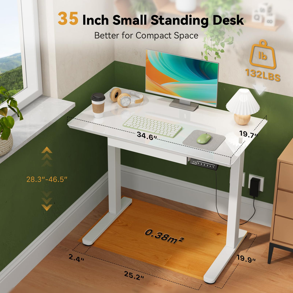Gibbon Mounts Glass Standing Desk with Drawer, 35×20Inch Whole Piece Height Adjustable Rising Desk, Electric Sit Stand Desk with Wheels, Small Computer Desk, White Gibbon Mounts