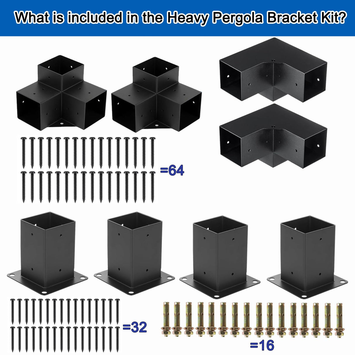 Heavy Pergola Brackets,Woodworks Metal Kit 3-Way Right Angle connectors with Post Base 4x4'' ,DIY Gazebo Kit Suitable for Pergolas,Gardens (4PC 3-Way Pergola Brackets + 4PC Post Base) SZSFSYYX