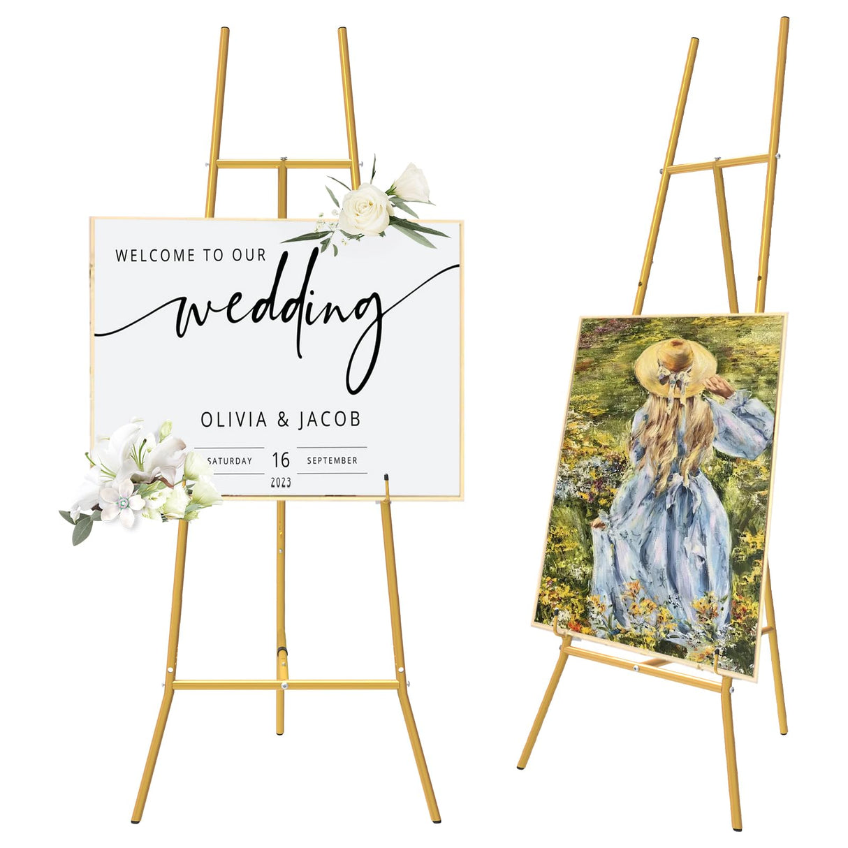 Gold Easel Stand for Sign - Heavy Duty Metal Freestanding Adjustable Display Stand (3-Tier), Large Professional Easel for Paintings, Artwork & Commercial Displays, Durable Exhibition Easel Semoprus