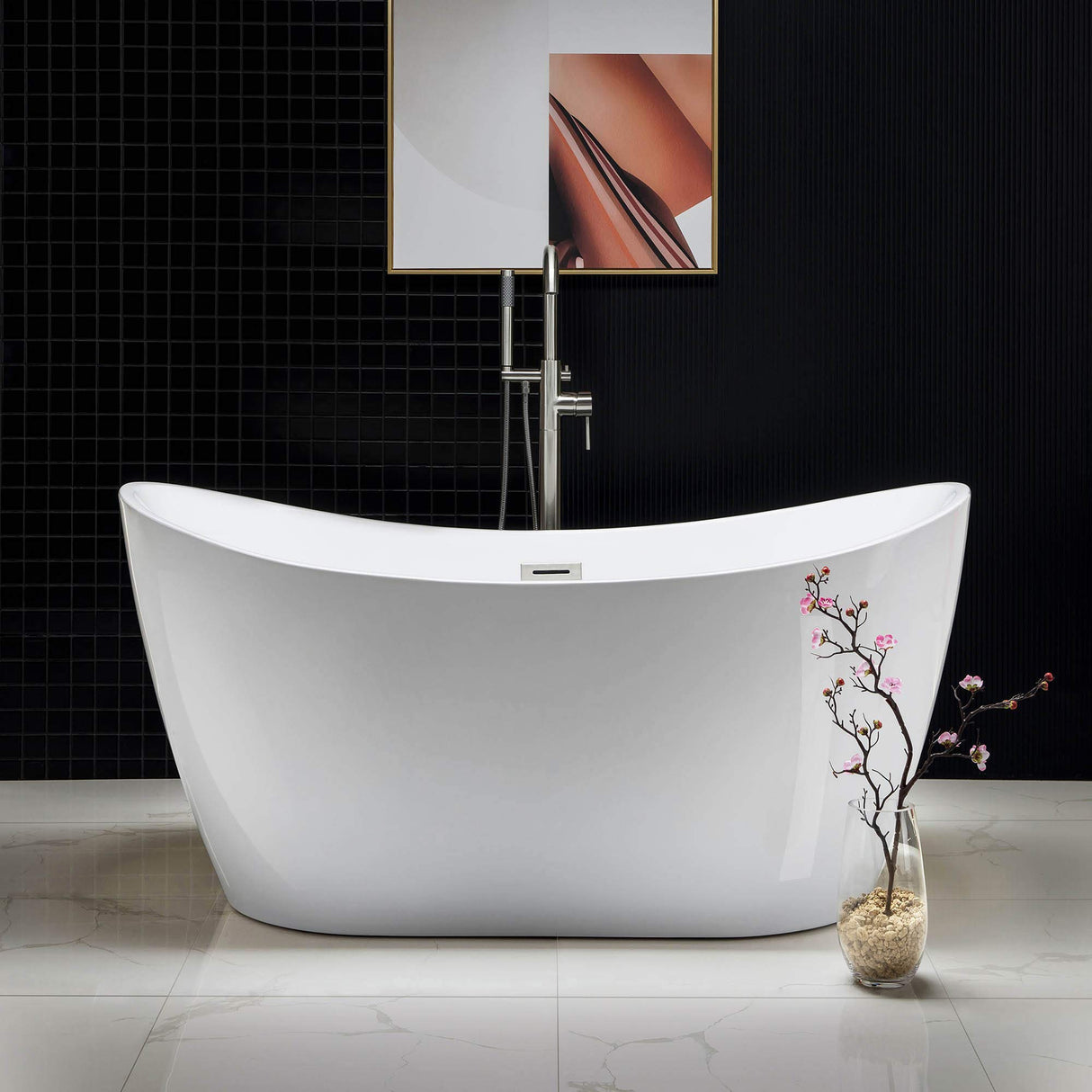 WOODBRIDGE 59" Acrylic Freestanding Bathtub Contemporary Soaking Tub with Brushed Nickel Overflow and Drain B-0016 -B/N-Drain &O WOODBRIDGE