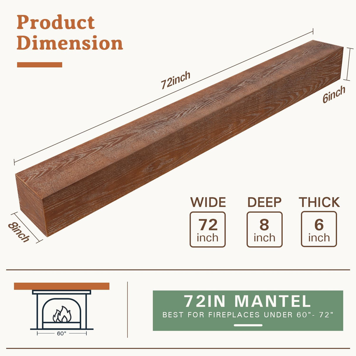 Weyderk Fireplace Mantel - 72 Inch Handcrafted Fireplace Mantel Shelf - Farmhouse Fireplace Mantle Shelves - Wall-Mounted Mantles for Over Fireplace - Floating Mantel 72 Inch, Coffee Weyderk