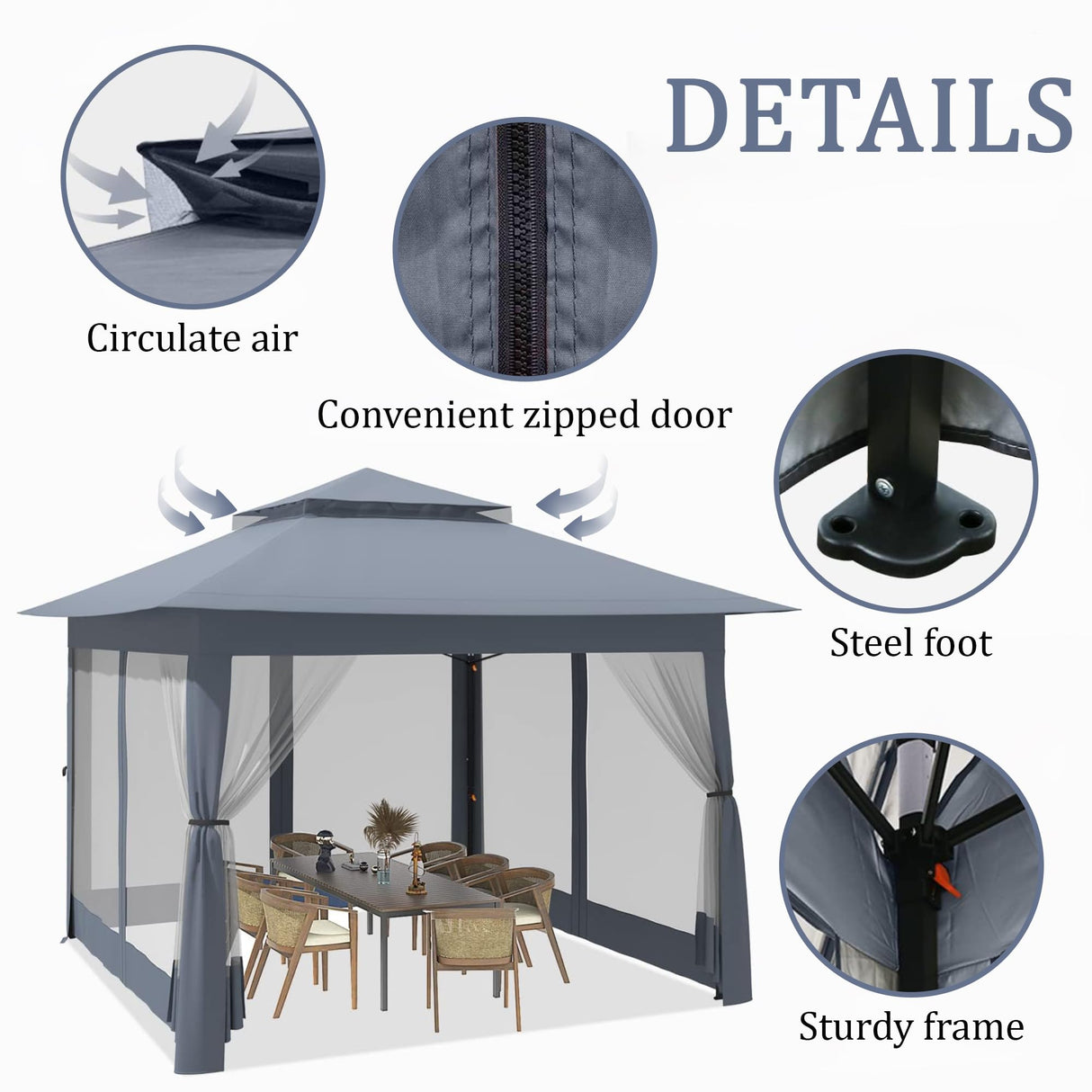 yoyomax 13X13 Outdoor Pop Up Gazebo with Netting, Portable Gazebo Waterproof Patio Canopy Shelter with Double Roof Tops and 169 Square Feet of Shade for Beach Parties, Camping and Picnics - Gray yoyomax