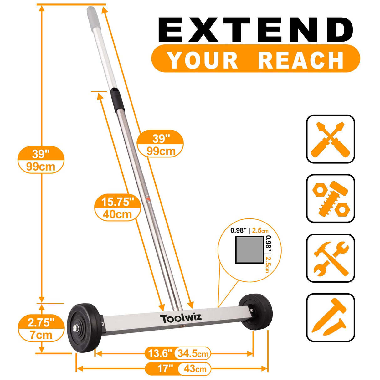Toolwiz Magnetic Pick Up Sweeper 17-inch Heavy Duty Magnet Pickup Lawn Sweeper Roofing Tools, 8.8 Lbs Yard Tools with Telescoping Holder and Wheels to Clean Nails Adjustable Handle for Construction Toolwiz