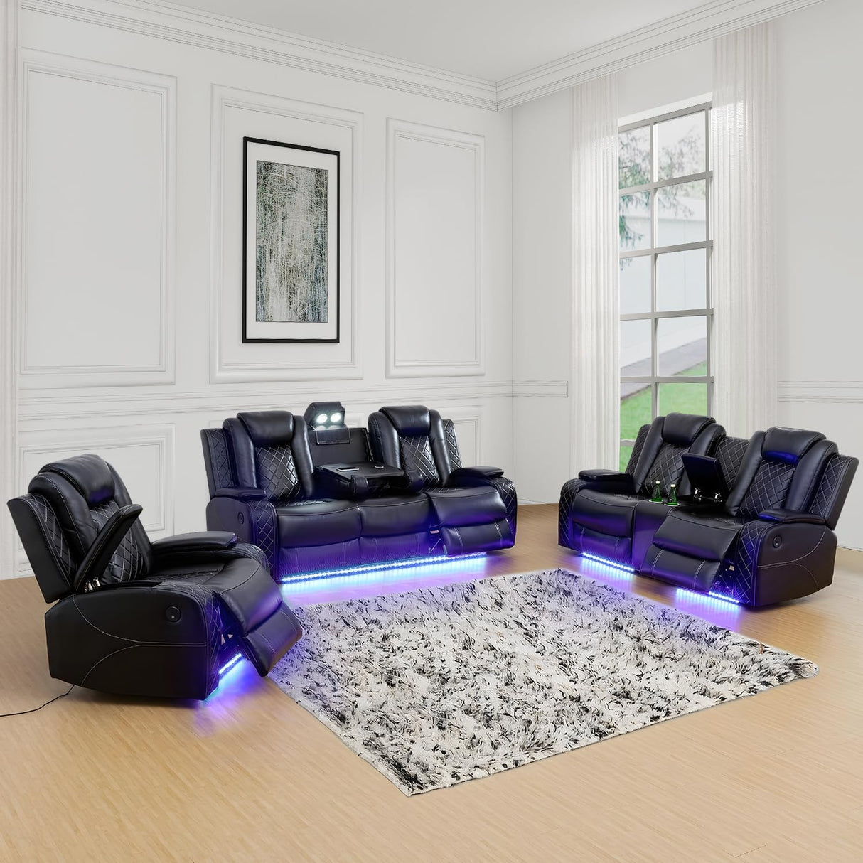 GEBADOL Power Recliner Sofa Set with LED, Black Leather Reclining Living Room Sofa, Muti-Functional Recliner Sofa and Couch with Storage Console/Cup Holders/USB Ports GEBADOL