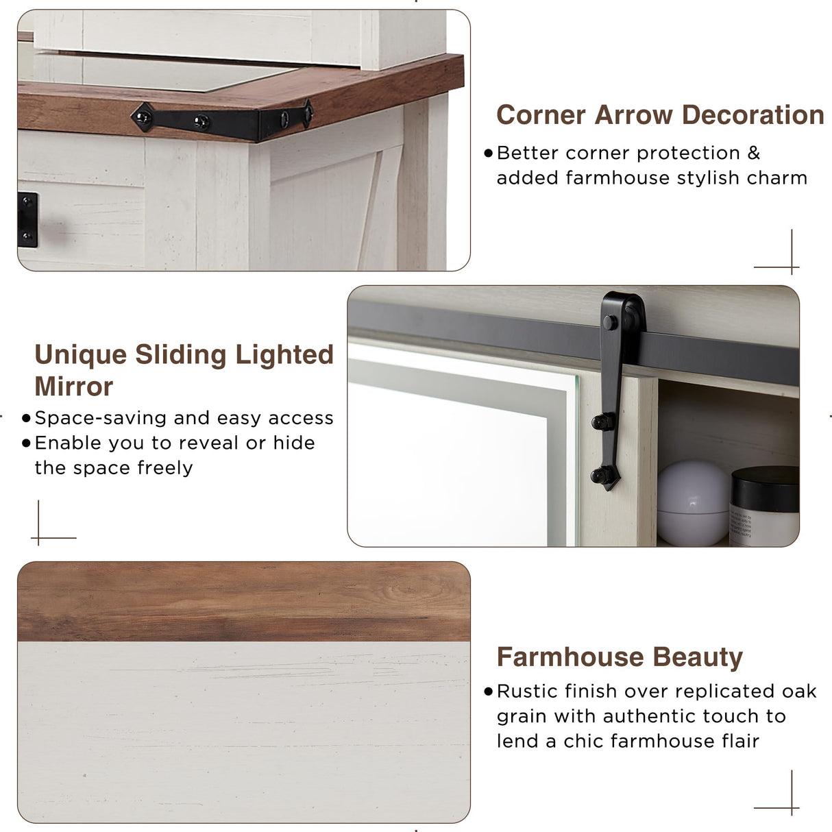 T4TREAM Farmhouse Makeup Vanity Desk with Sliding Mirror and Lights, 31.2'' Glass Tabletop White Vanity Table with 2 Drawers & Shelves, Rustic Vanity Set for Bedroom, Stool Included, Antique White T4TREAM