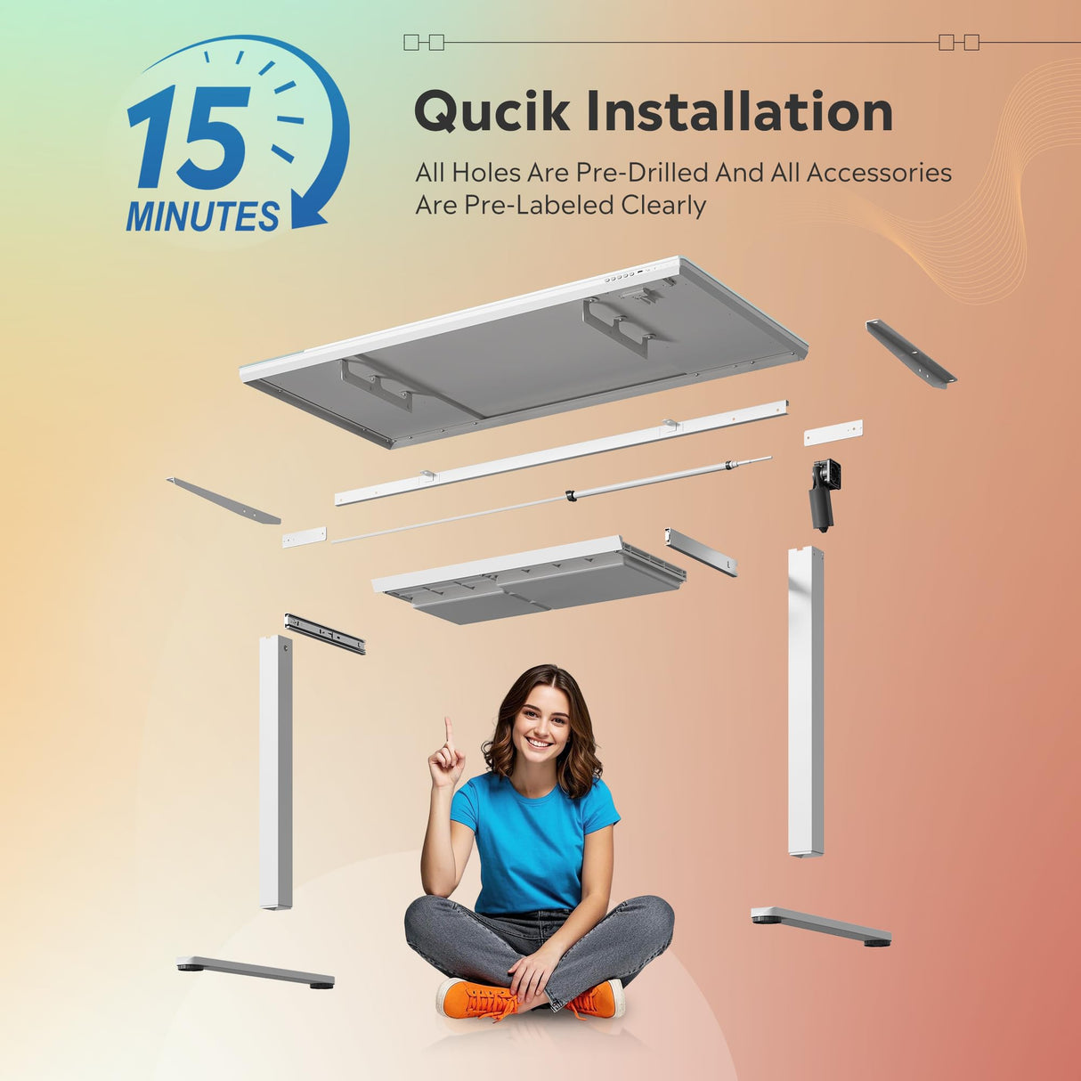 DEVAISE Standing Desk with Drawers, Whole-Piece Glass Adjustable Height Desk, 48 Inch Electric Stand Up Desk, Quick Install, White DEVAISE