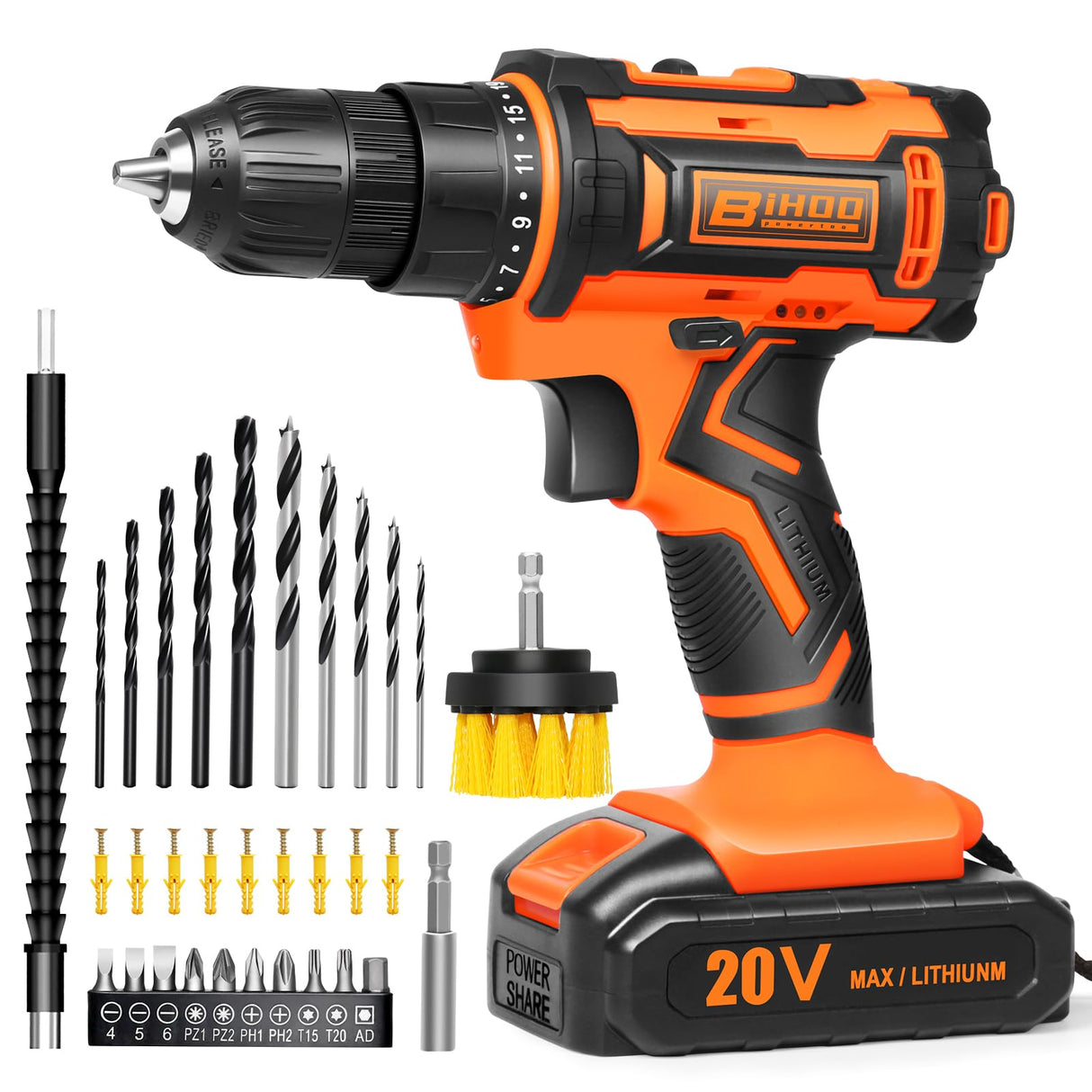 20v Drill Driver Set,Cordless Drill with Battery and Charger,LED Drill Tools Kit,25+1 Torque Setting and 43pcs Drill Bits BIHOO