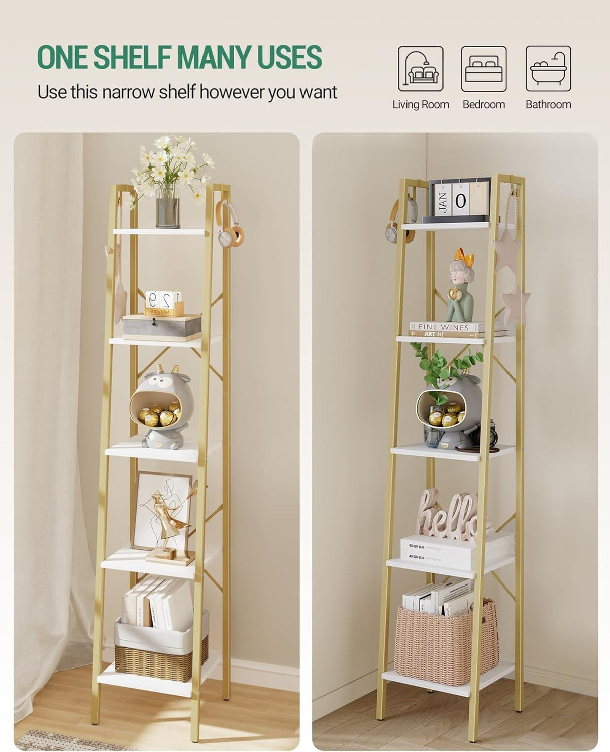 Hzuaneri Ladder Shelf, Bookshelf Bookcase, Freestanding Corner Storage Shelve with 2 Hooks for Home Office, Living Room, Kitchen, Bedroom, Industrial, 11.8" D x 13.4" W x 63" H, White Gold BC03213G Hzuaneri