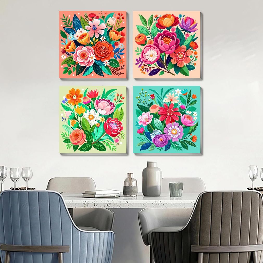 4 Pack Flowers Paint by Numbers Kit for Adults Beginners Framed - DIY Flowers Adults Paint by Numbers Kits on Canvas with Frame, Small Easy Acrylic Oil Painting Perfect for Home Decor 8 X 8 Inch Amzdiyfun
