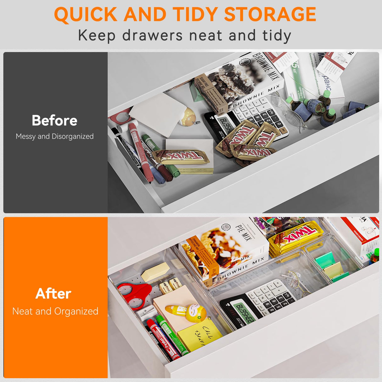 6 Pack Large Clear Plastic Drawer Organizer Trays, Acrylic Kitchen Drawer Organization and Storage Dividers, Non-Slip Storage Bins for Makeup, Kitchen Utensils, Bathroom, Jewelries and Office Desk Criusia