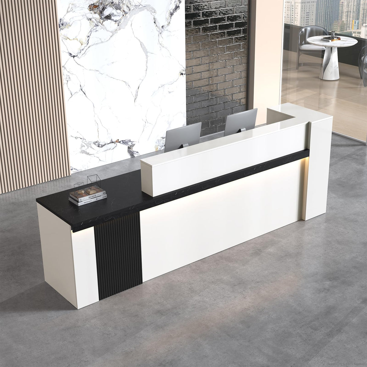 Anzhap L-shaped Standing Reception Desk with LED Lights, Front Desk Reception Counter with Drawer, Open Storage Cabinets for Office, Salon, Lobby (Black Grain + White Grain/Left, 71"L * 24"W * 39"H) Anzhap