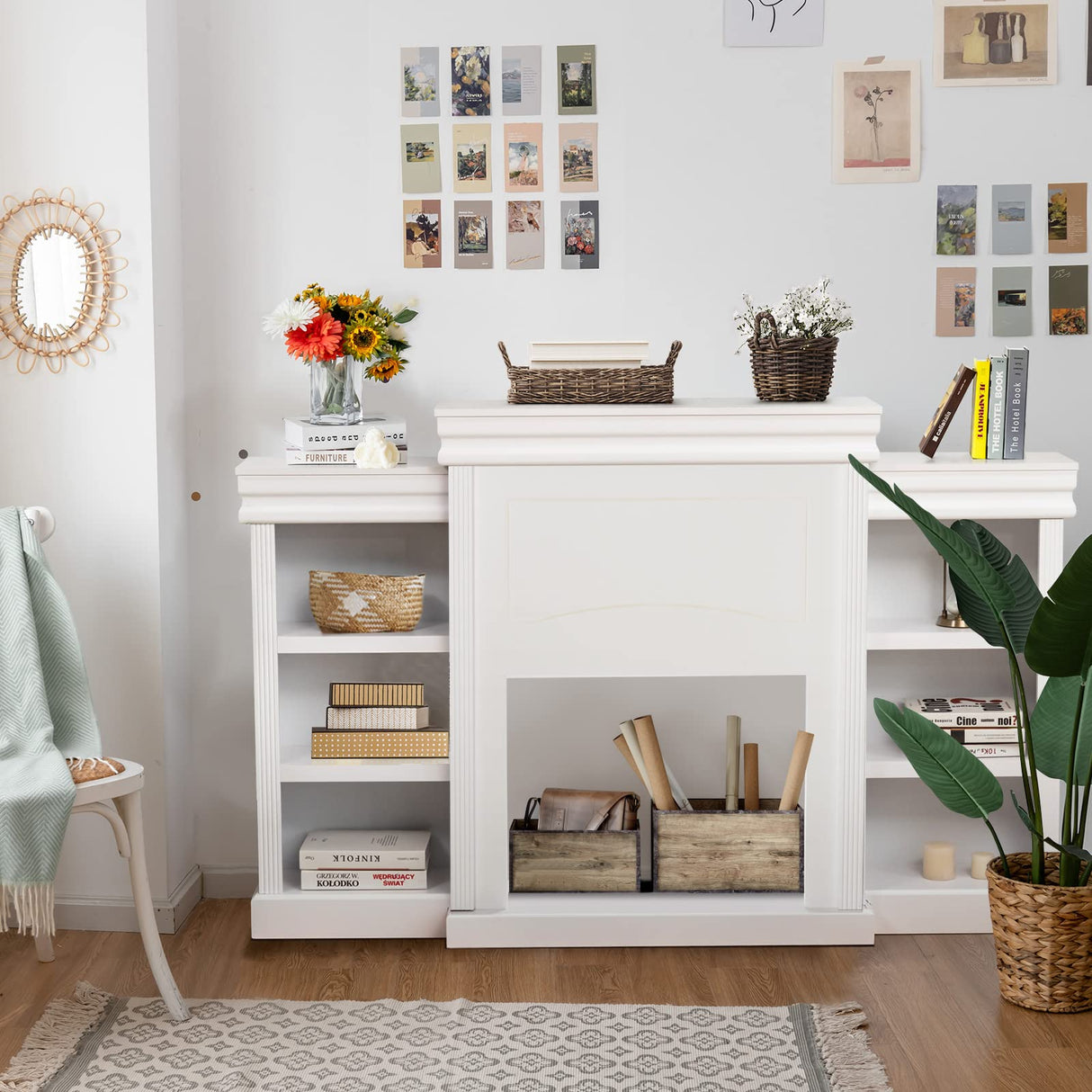 Tangkula 70 Inches Freestanding Mantel Stand, Modern Media Fireplace Cabinet for Living Room Bedroom, Wooden Mantel Console Table w/Storage Shelves for 28.5-Inch Electric Fireplace (Stand Only) Tangkula