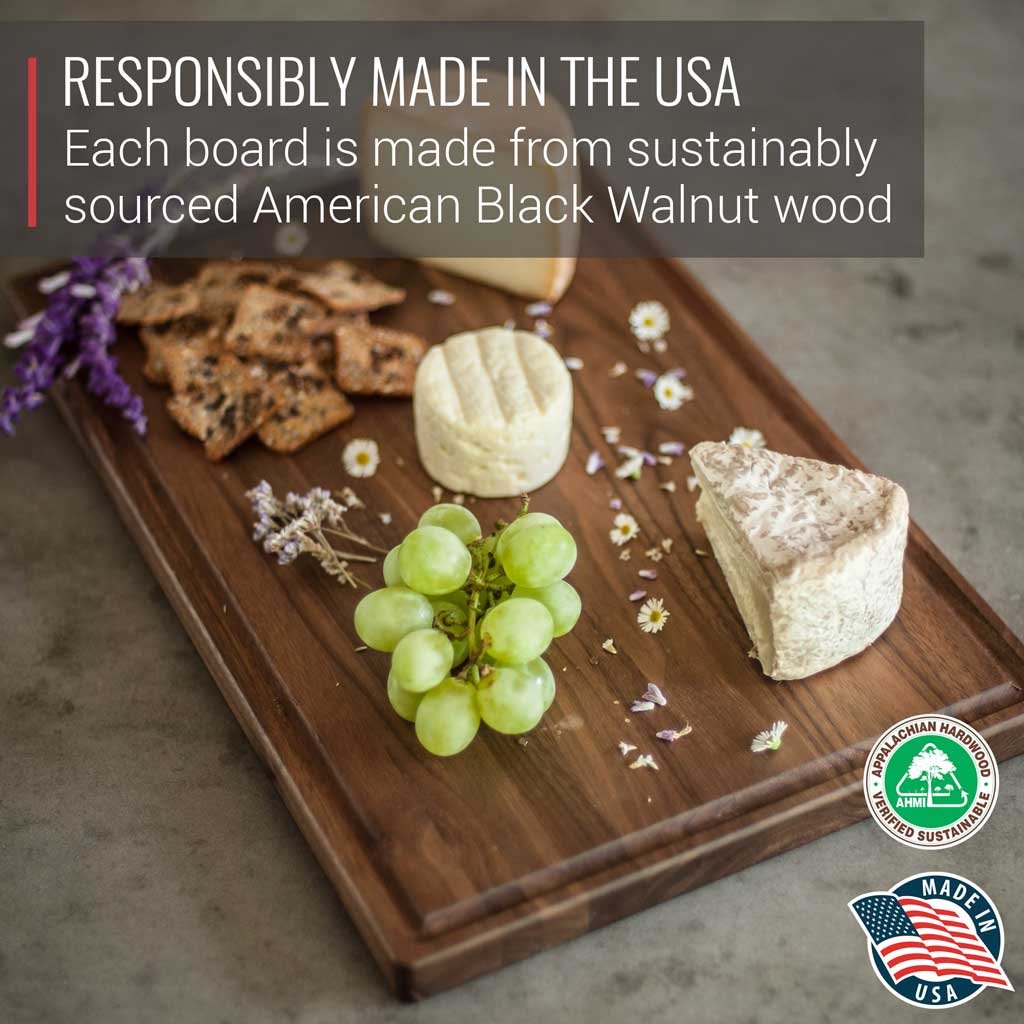 Made in USA Black Walnut Wood Cutting Board by Virginia Boys Kitchens - Butcher Block Wooden Carving Board with Juice Well made from Sustainable Virginia Boys Kitchens