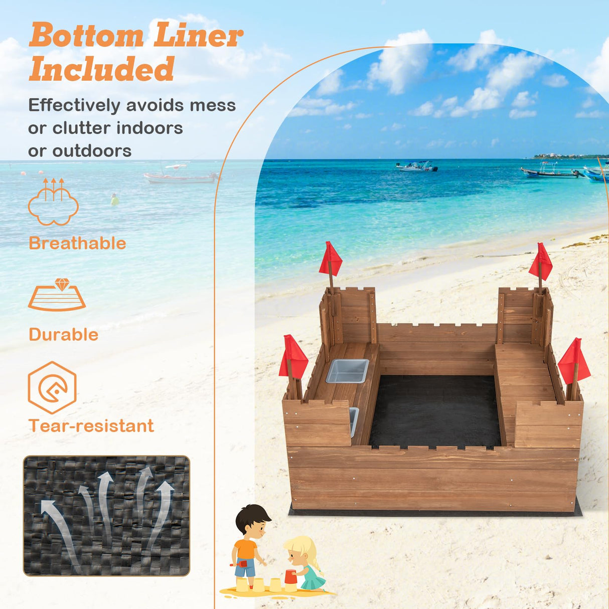 HONEY JOY Sandbox with Sand Wall, Cedar Bottomless Sand Pit for Backyard, 4 Red Flags & Bottom Liner, Side Bench & 2 Boxes, Wooden Sand Boxes for Kids Outdoor, Gift for Boys Girls HONEY JOY