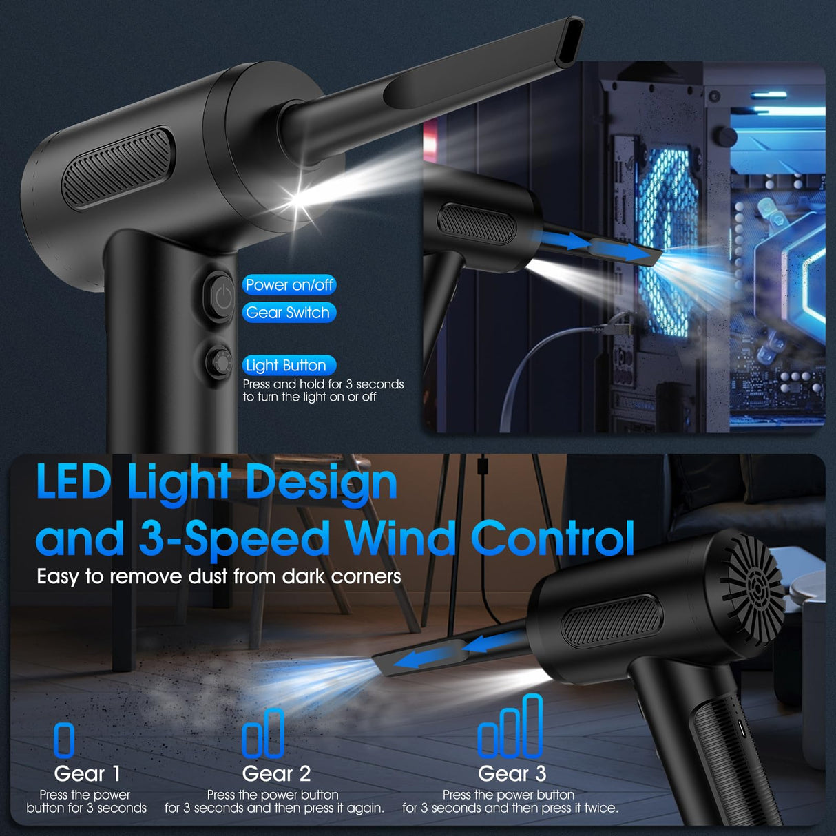 KOPIDOE Compressed Air Duster, 100000RPM Handheld Car Vacuum/Air Blower& Pump, 3 Gear Adjustable Electric Air Duster/Car Vacuum Cleaner, Keyboard KOPIDOE