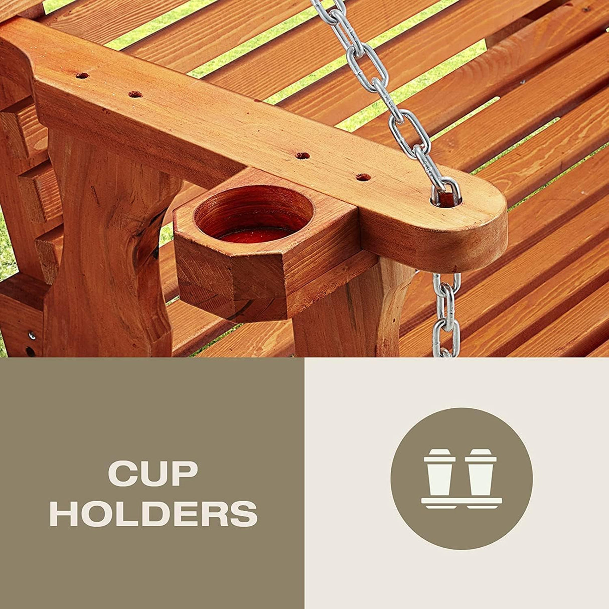 U-MAX Wooden Porch Swing 2-Seater,Swing Bench with Cupholders, Heavy Duty 800 LBS,Hanging Porch Swing Chair for Outdoor Patio Garden Yard(6.5FT&Brown) U-MAX