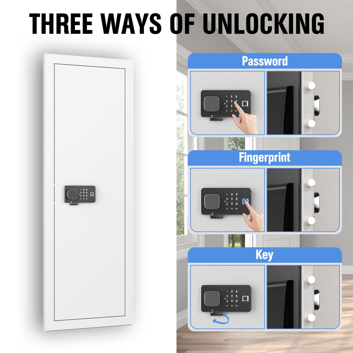 Bonusall 53" Wall Gun Safes Between Stud with Fingerprint Lock,Assembled Shotgun Safe with 3 Removable Shelf,4 Wall Gun Cabinet for Rifles and Pistols with Adjustable Racks (White) Bonusall