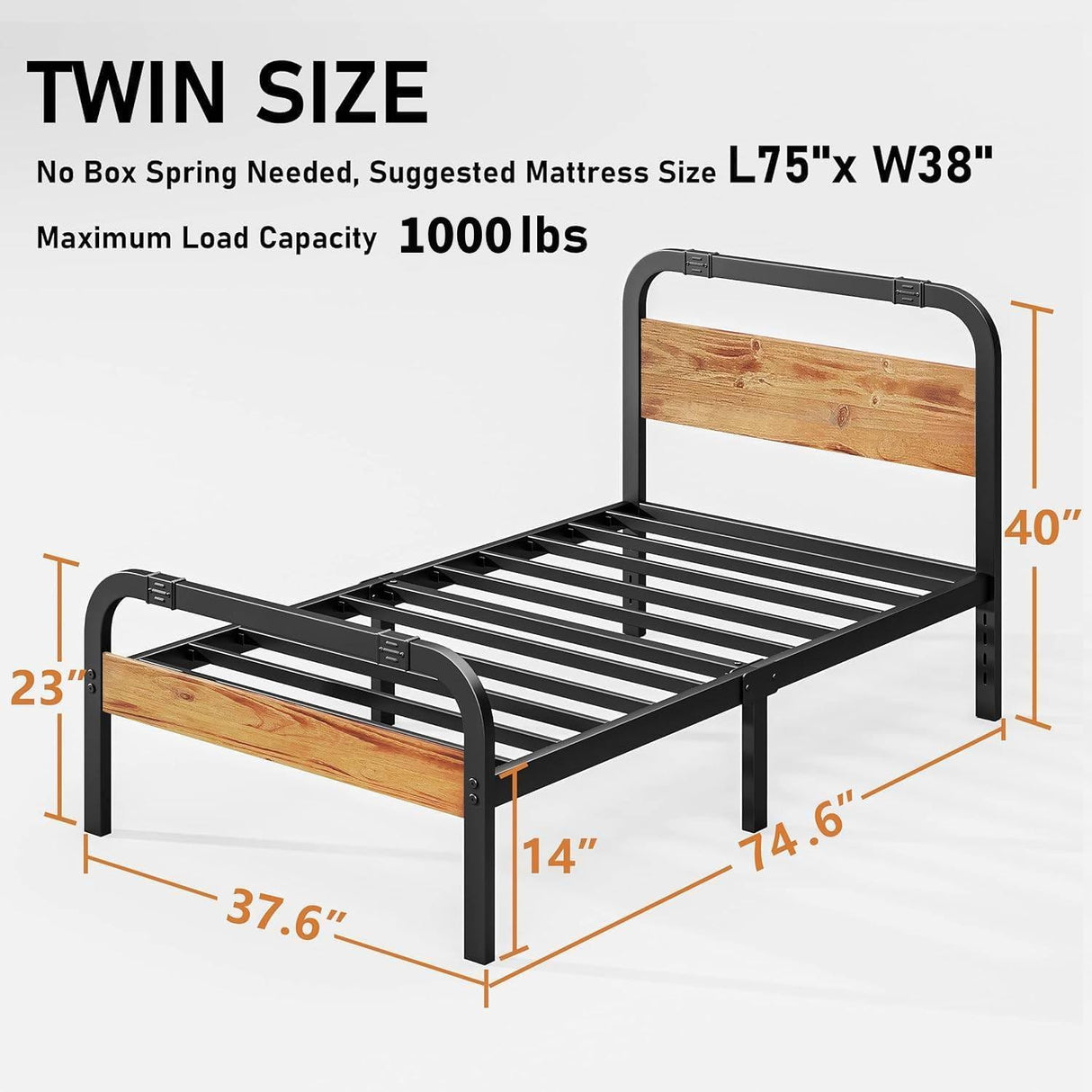 ZIYOO Industrial Style Twin Size Metal Bed Frame with Solid Wood Headboard and Footboard, 14 Inch High Heay Duty Steel Slats Support No Box Spring Needed,Easy Assembly Structure ZIYOO