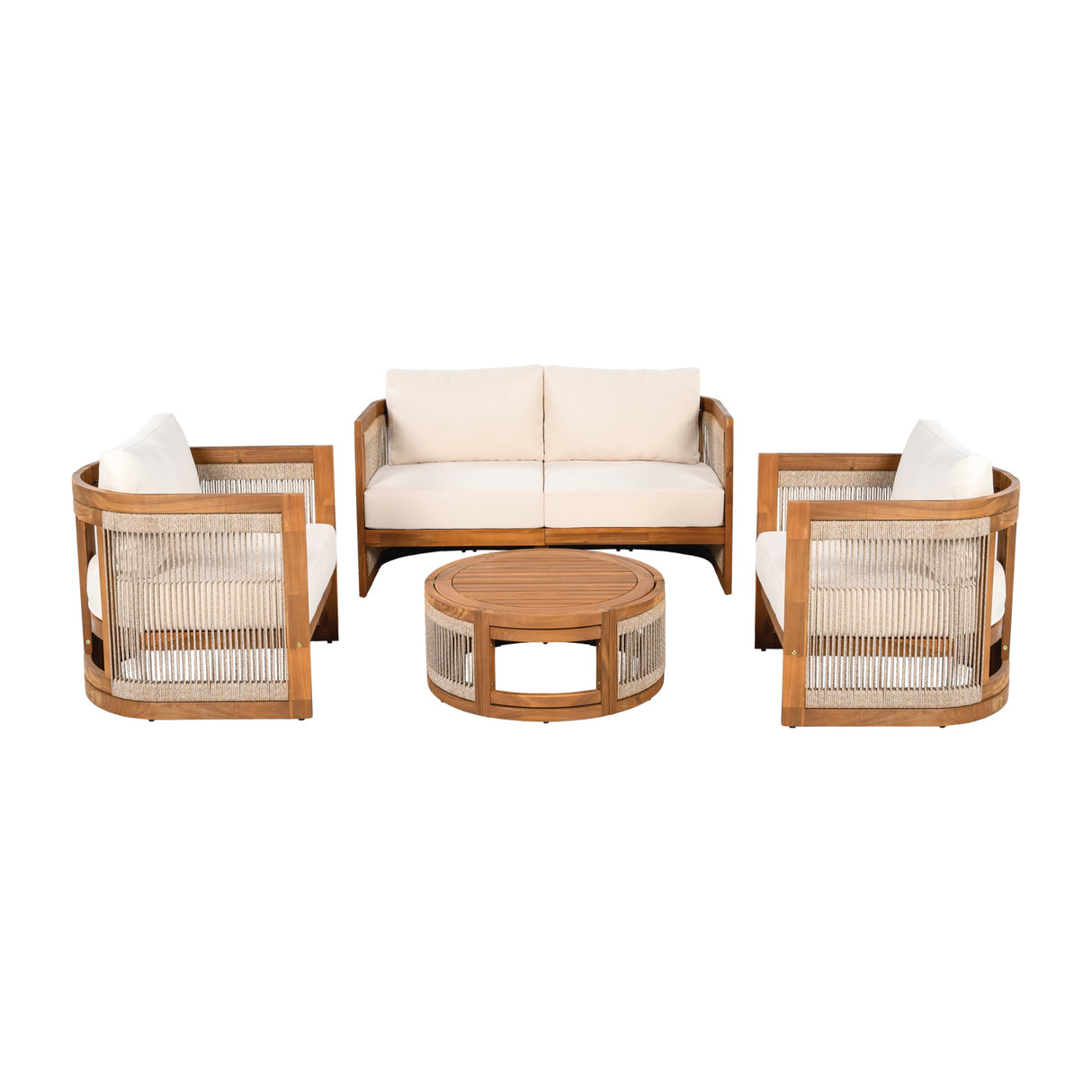 VilroCaz 4-Piece Patio Conversation Set, All Weather Sectional Sofa Set w/ 2 Chairs, Loveseat & Table Premium, Acacia Wood Outdoor Furniture Set with Woven Rope Accents and Cushions (Teak+Beige) VilroCaz
