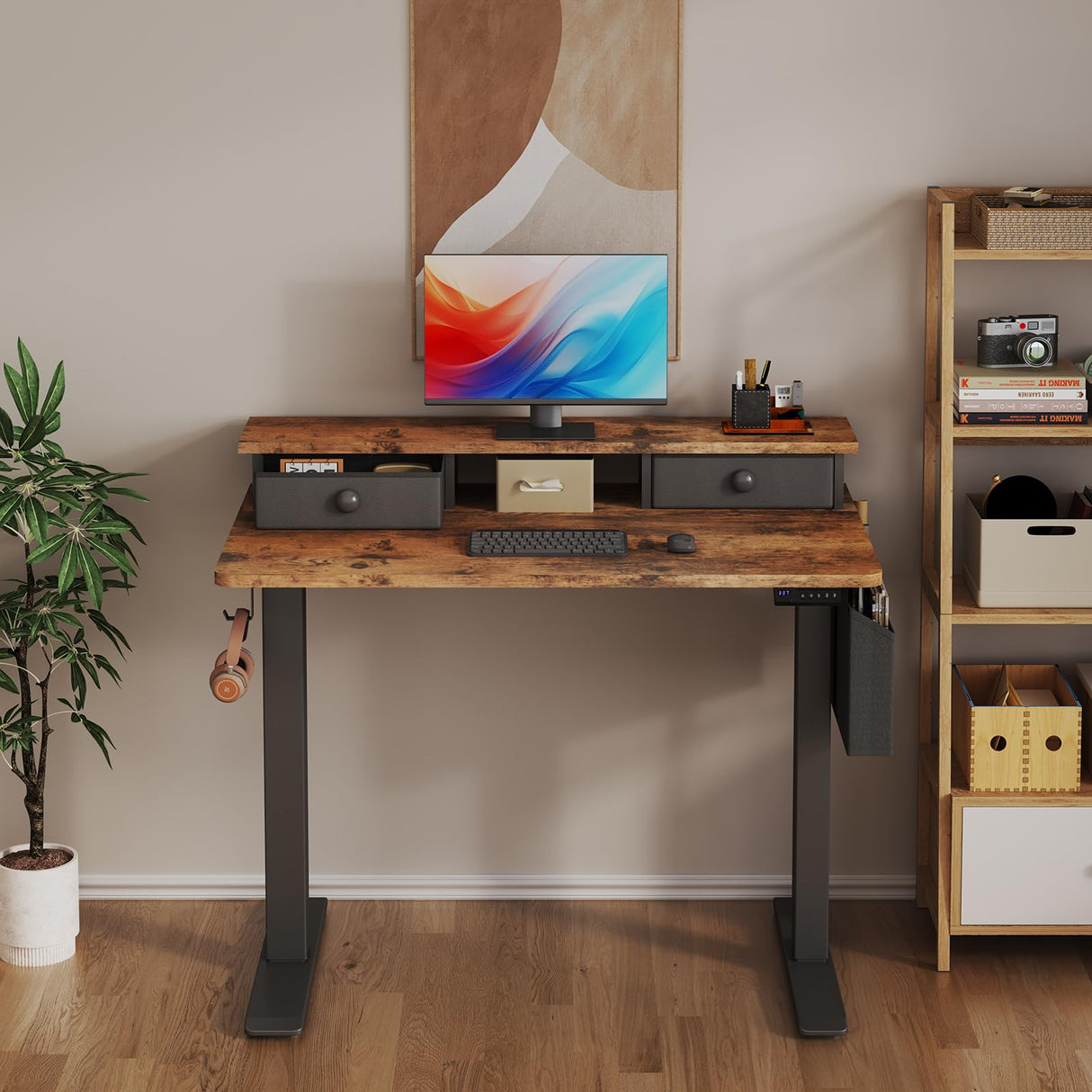 Electric Standing Desk Adjustable Height - 40 Inch Sit Stand Desk with Storage Drawers , Small Standing Desks with Shelf Monitor Stand, Kids Girls Computer Desks for Bedroom Home Office, Rustic Brown KLUVIS