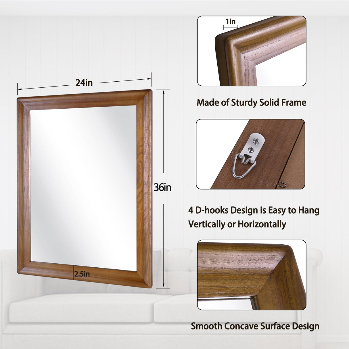 CULER Rustic Wood Wall Mirror for Bathroom,Rectangle 24 x 36 inch Hanging vatiny Mirrors with Wooden Frame for Living Room,Bedroom,Entryway(Walnut Brown) CULER