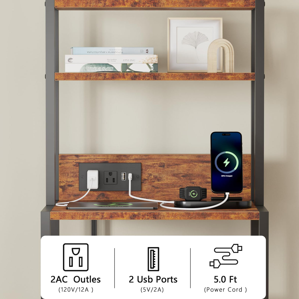 Furnulem Night Stand, Tall Nightstand with 4-Tier Shelves and 3 Fabric Drawers, LED Bed Side Tables with Charging Station, Bedside Table for Bedroom, Hallway, Office, Rustic Brown Furnulem