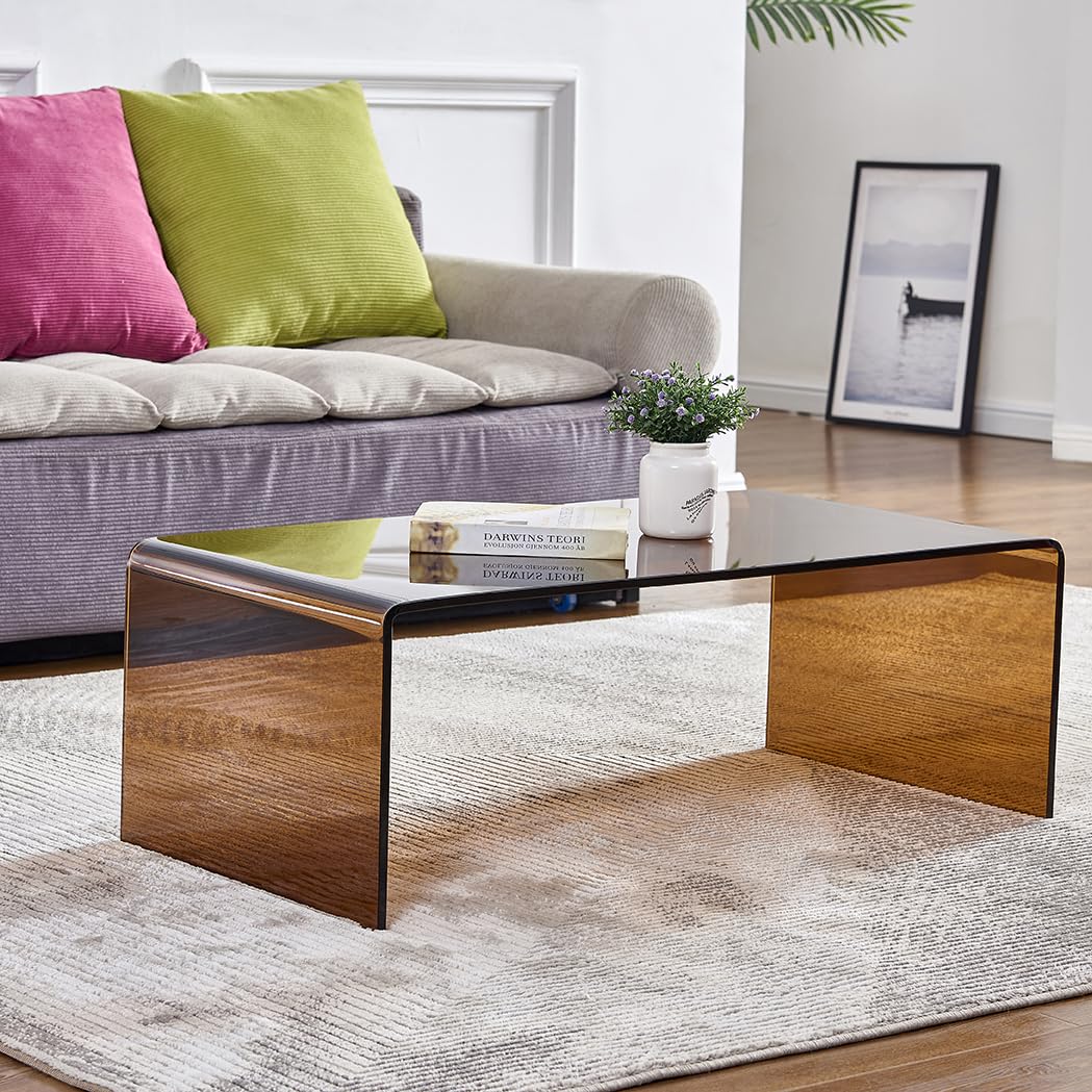 Premium Tempered Glass Coffee Table,Clear Coffee Table, Small Modern Coffee Table for Living Room,Match Well with Rug (Brown, 39.4"x19.7"x13.8") FENGHUA GLASS HOME