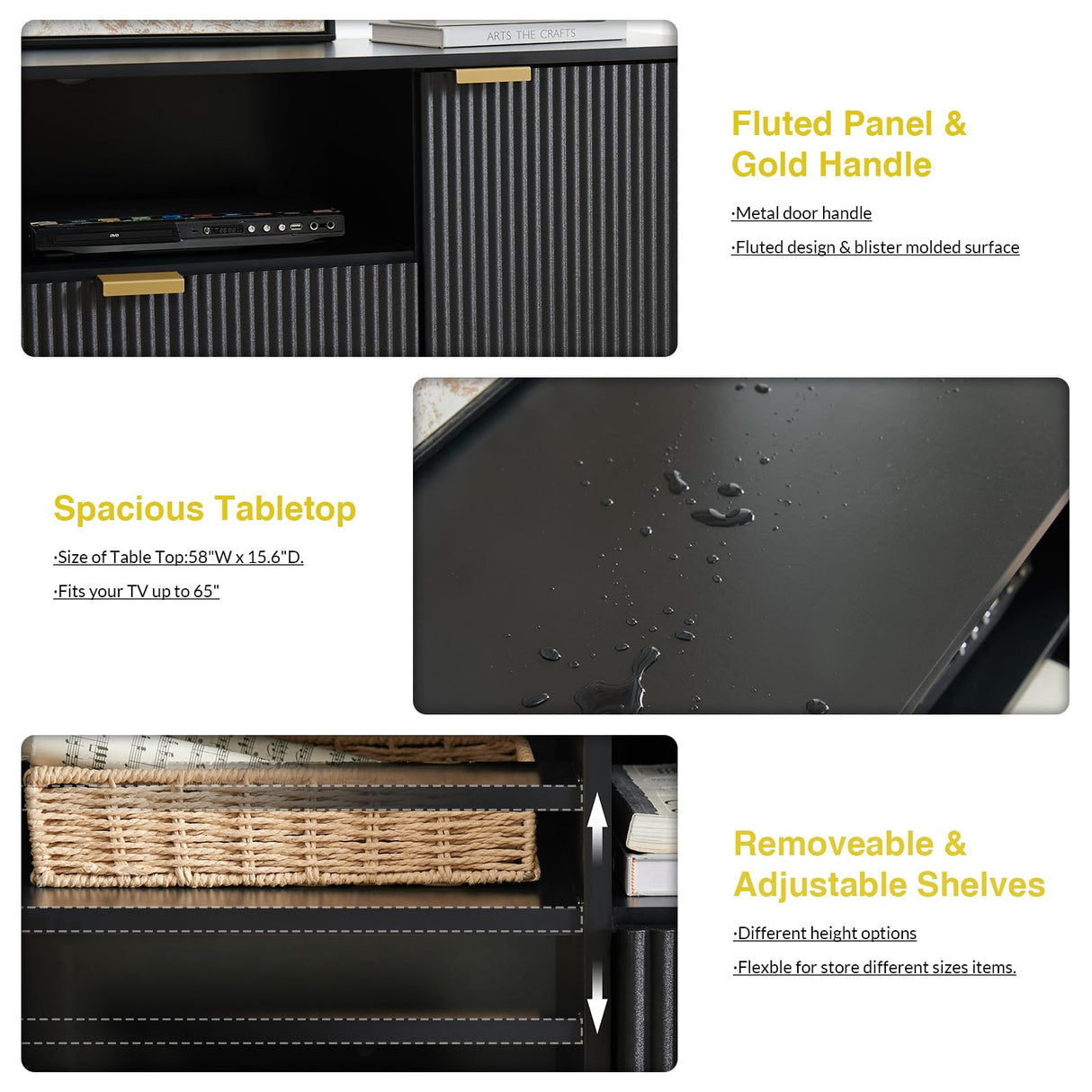 Okvnbjk Black TV Stand for 65 Inch TV, TV Consoles for Living Room, TV Stand for Bedroom w/Drawer and Storage, Wood Fluted Panel Media Console, Entertainment Center w/Soft Hinge & Cable Management Okvnbjk