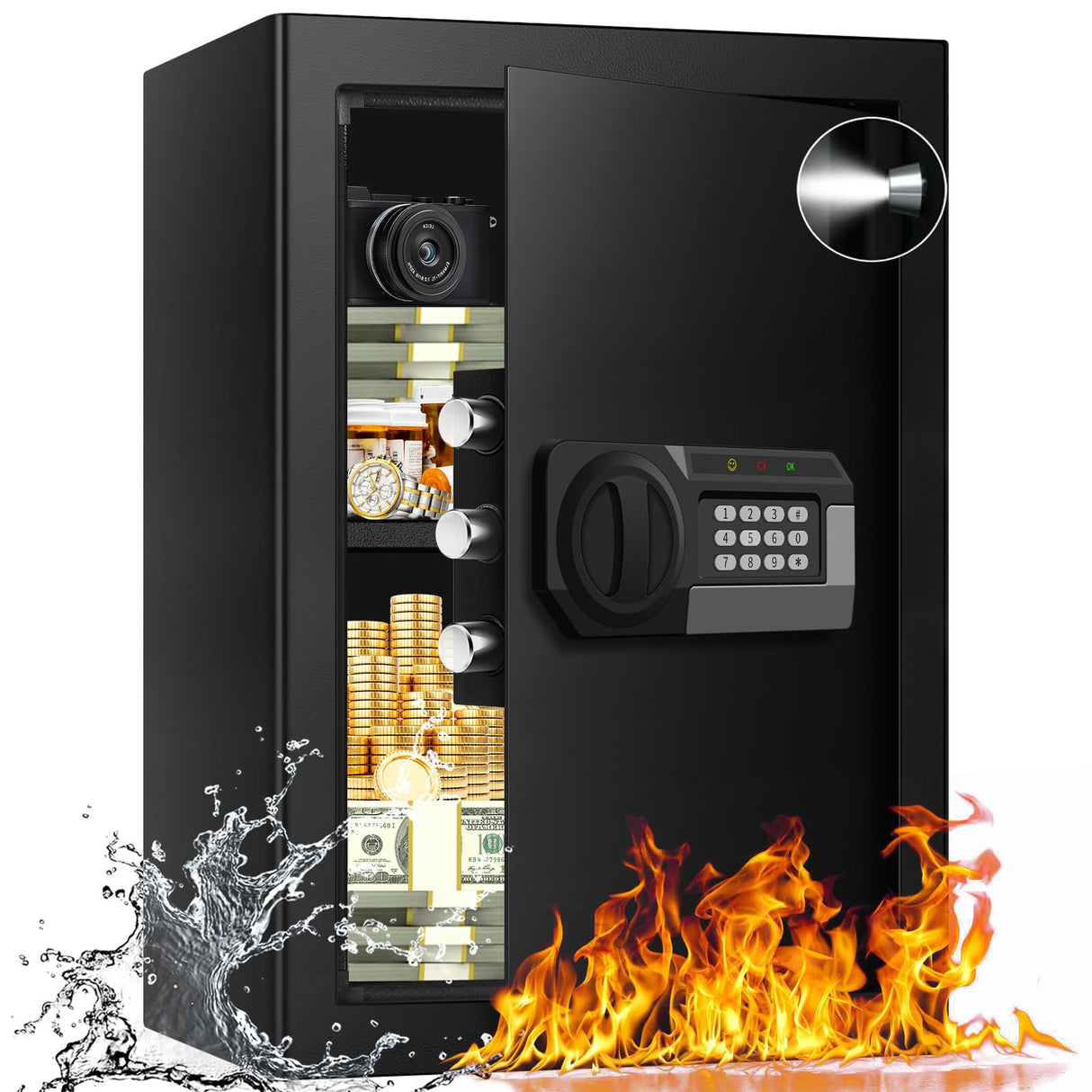 5.1 Cub Large Safes for Home Use Fire and Water Proof, Anti-theft Home Security Safe With Digital Keypad & 3 Removable Shelves and Led Light, Fireproof Safe Box for Documents Money Firearm Valuables Psisuvry