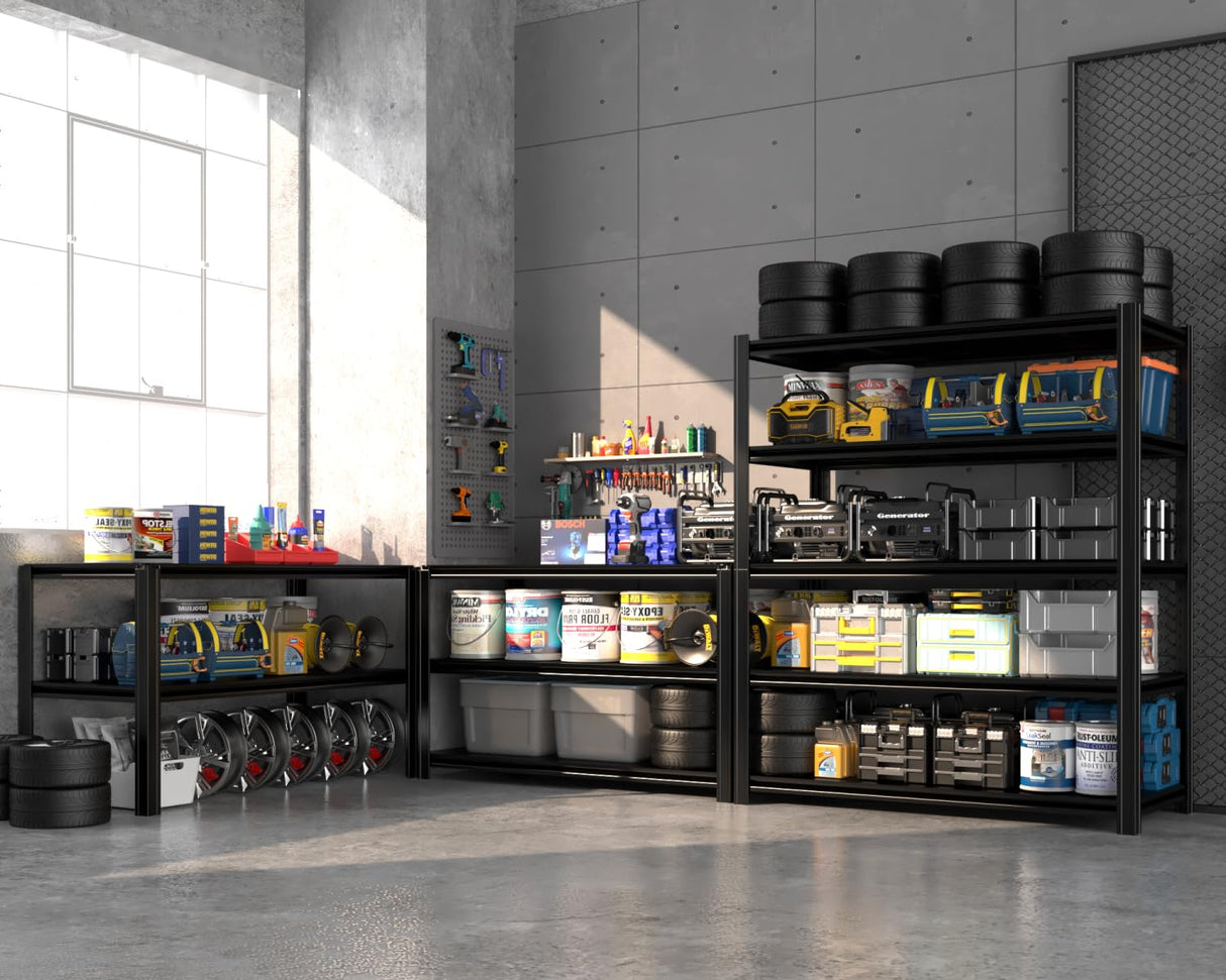 SYLOUGH 55.12" W Father&I 5-Shelf Industrial Adjustable Heavy-Dudy Tall Metal Steel Garage Storage Shelves Shelving Units/Rack System (Commercial) for Basement/Shop/Dorm, 84" H*55.12" W*24" D*, Black SYLOUGH