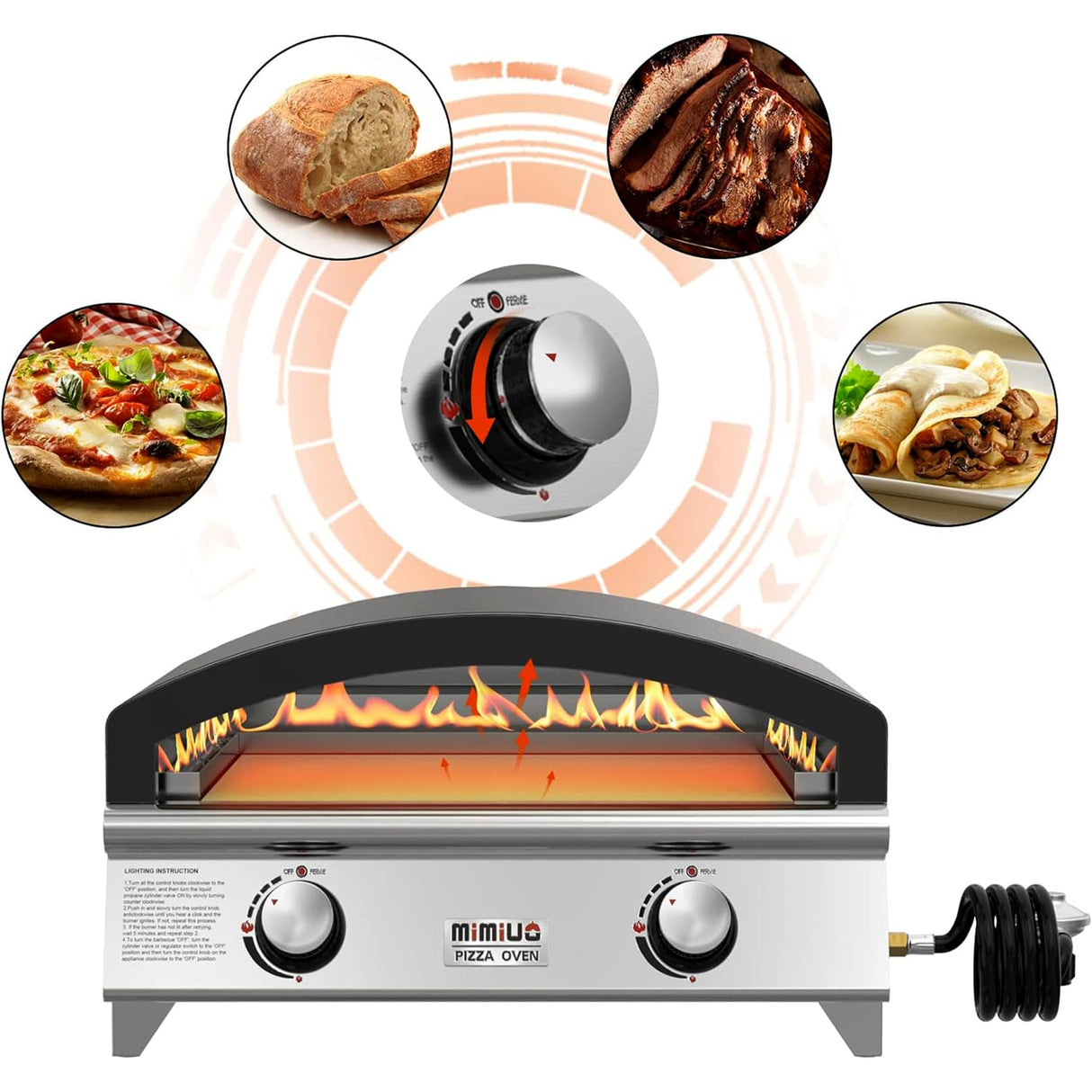 Mimiuo 25 Inch Outdoor Gas Pizza Oven, Portable Propane Pizza Oven with Large Baking Stone - Make 2 Pizzas At Once - Multifunctional Stainless Steel Grilling Stove to Cook Steak Meat Seafood Mimiuo