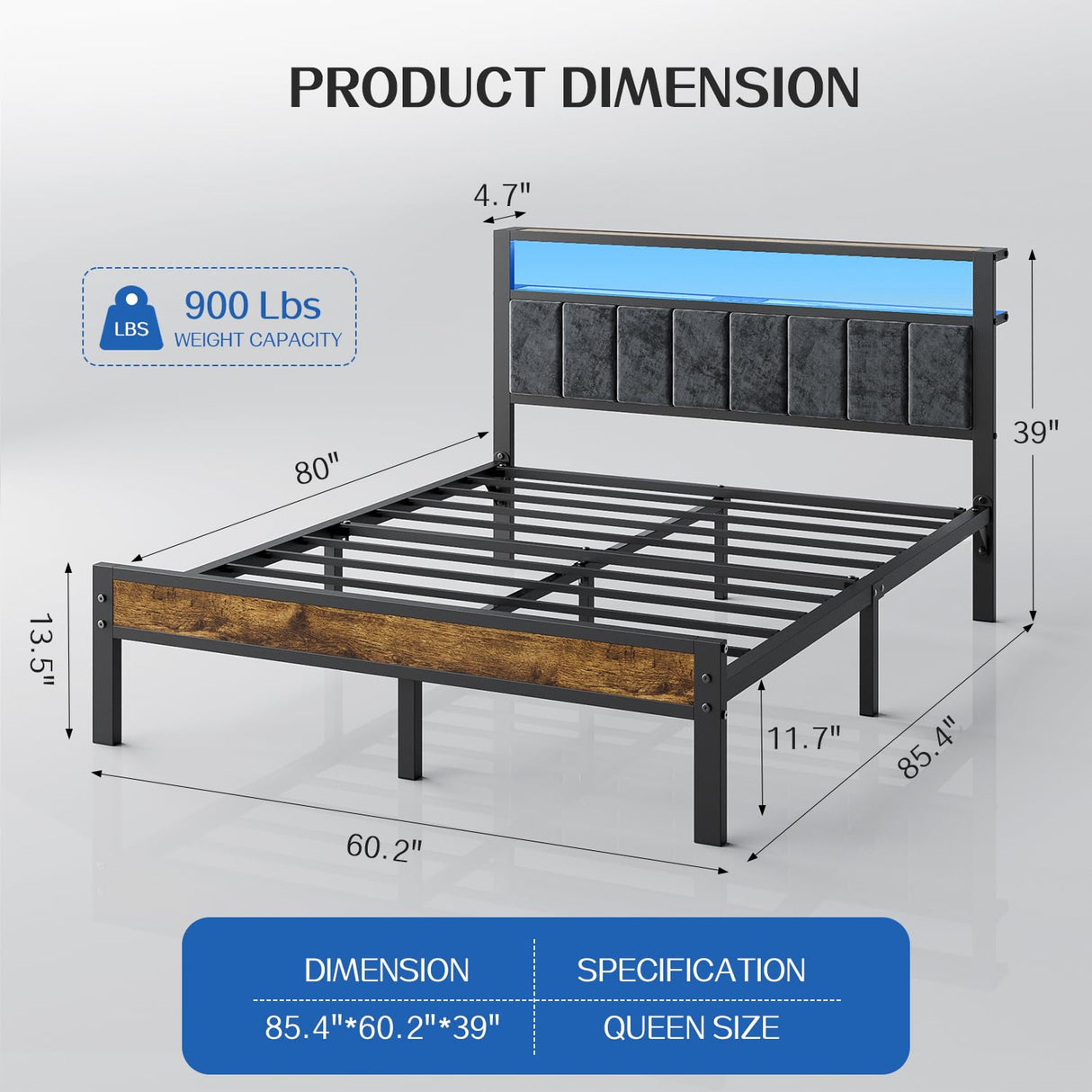 Queen Size Bed Frame with 2-Tier Storage Shelves Headboard, Platform Bed with Charging Station, LED Lights No Box Spring Needed Noise Free Liians